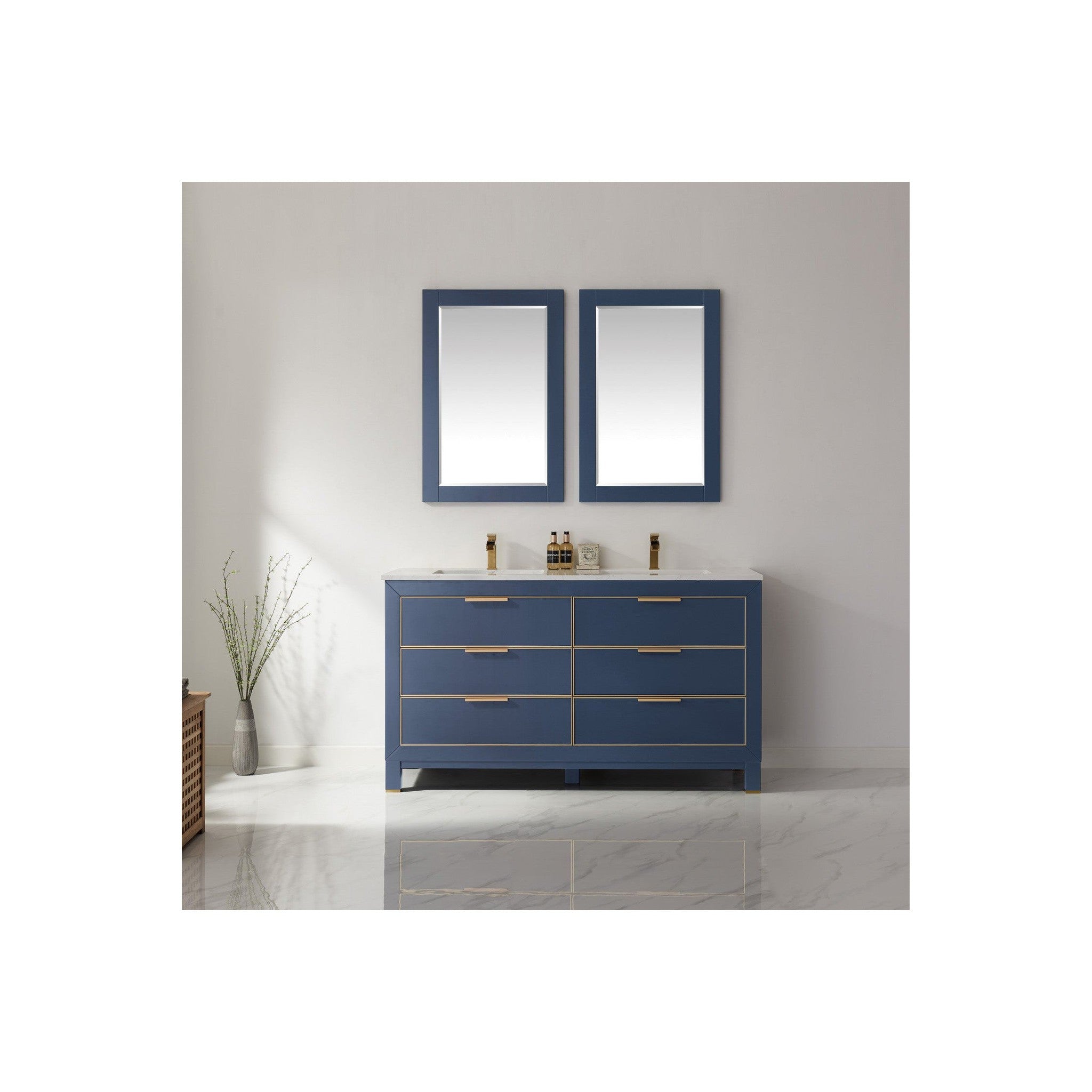 Jackson 60" Double Bathroom Vanity Set in Royal Blue and Composite Carrara White Stone Countertop with Mirror