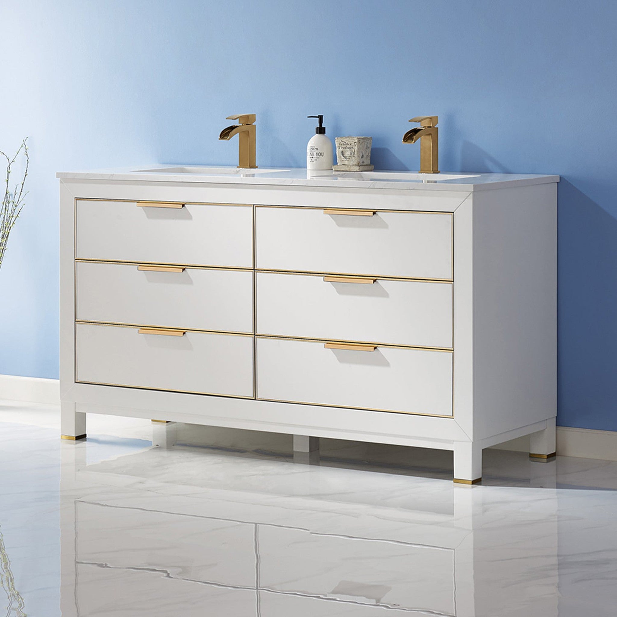 Jackson 60" Double Bathroom Vanity Set in White and Composite Carrara White Stone Countertop without Mirror