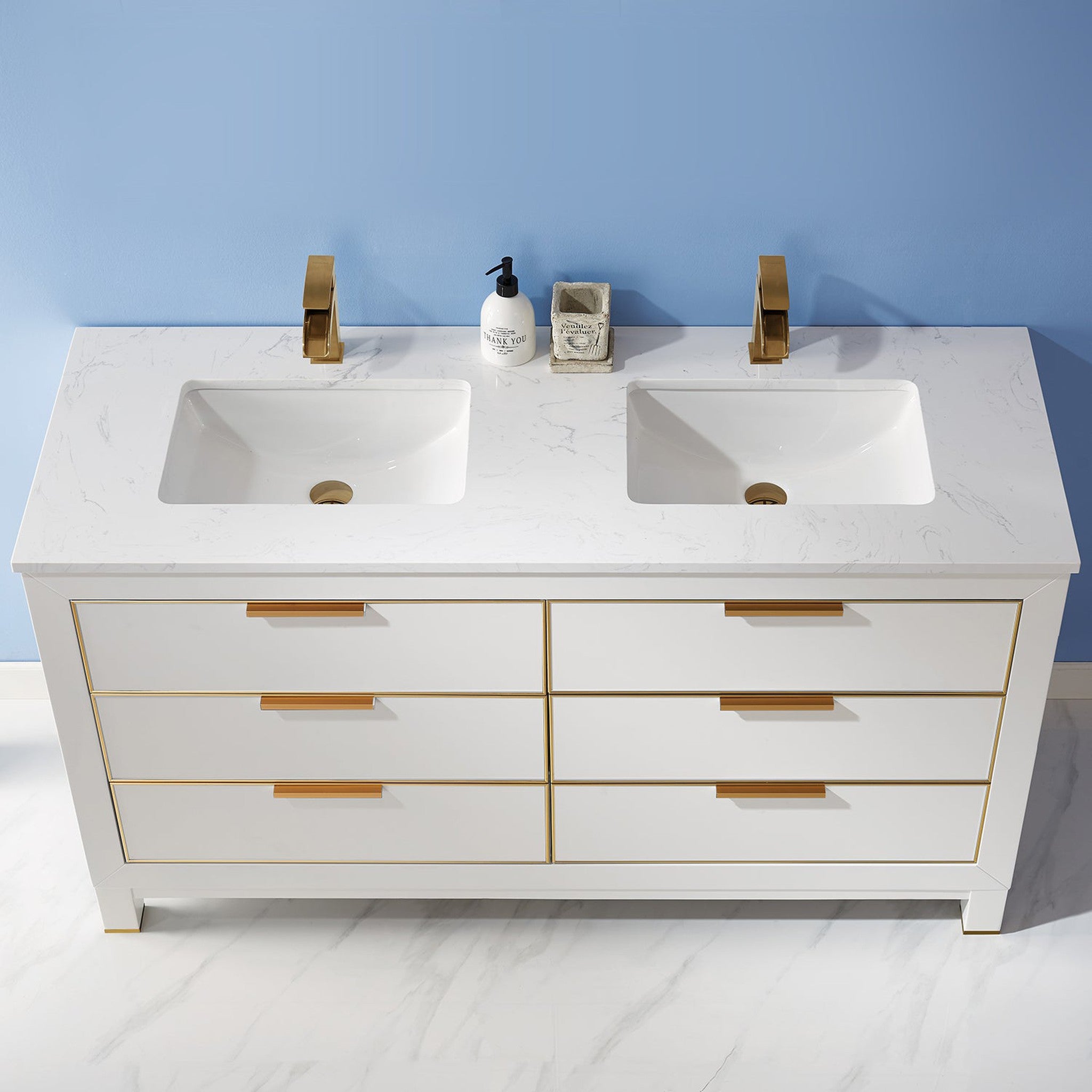 Jackson 60" Double Bathroom Vanity Set in White and Composite Carrara White Stone Countertop without Mirror