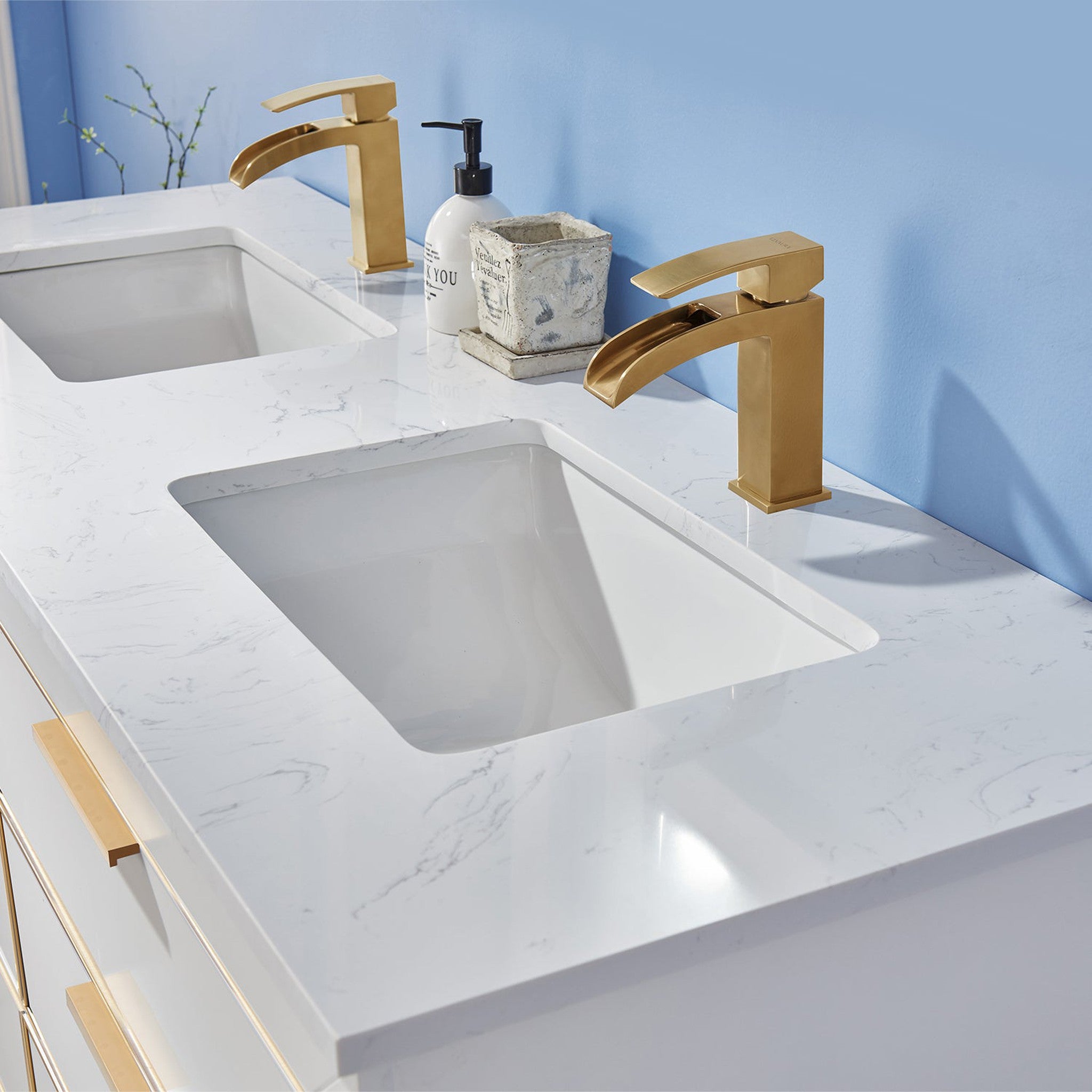 Jackson 60" Double Bathroom Vanity Set in White and Composite Carrara White Stone Countertop without Mirror