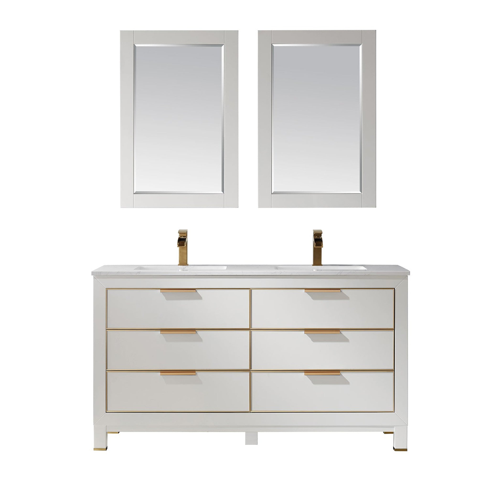 Jackson 60" Double Bathroom Vanity Set in White and Composite Carrara White Stone Countertop with Mirror