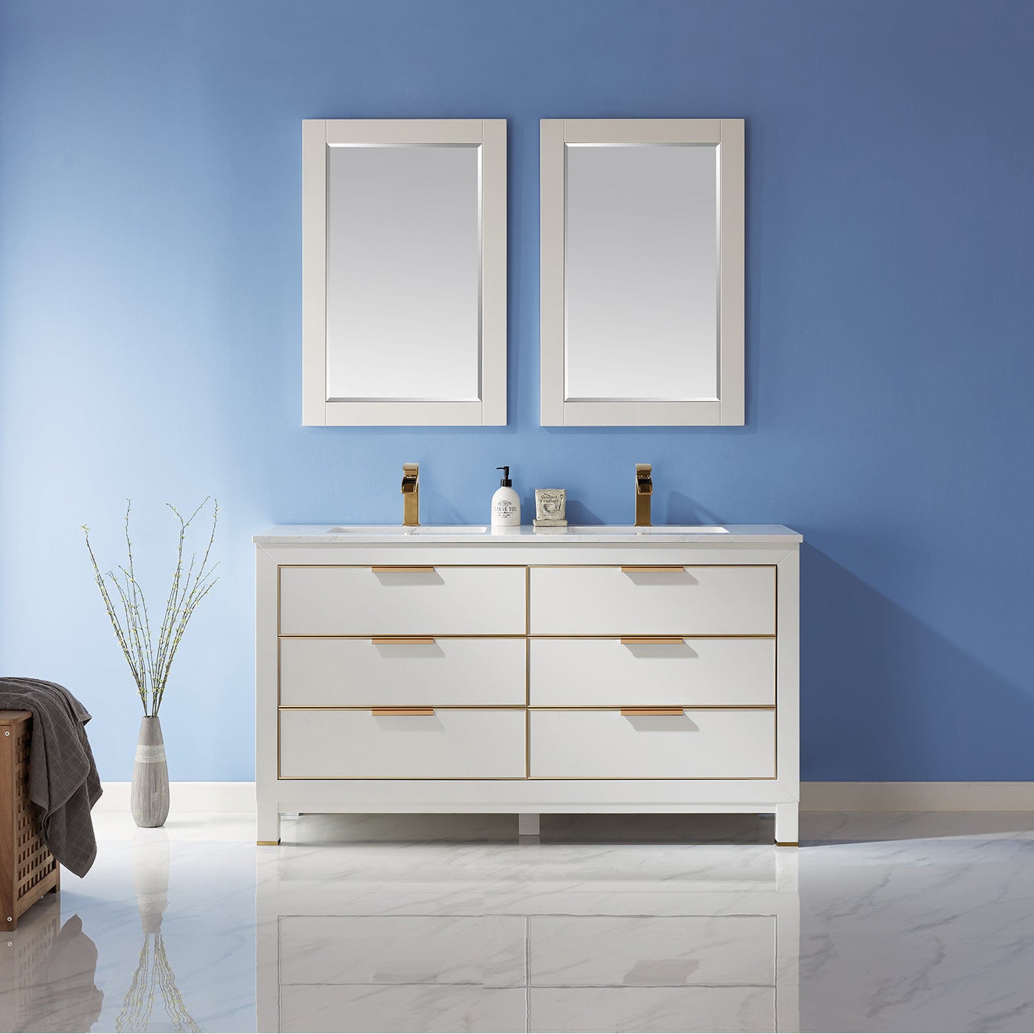 Jackson 60" Double Bathroom Vanity Set in White and Composite Carrara White Stone Countertop with Mirror