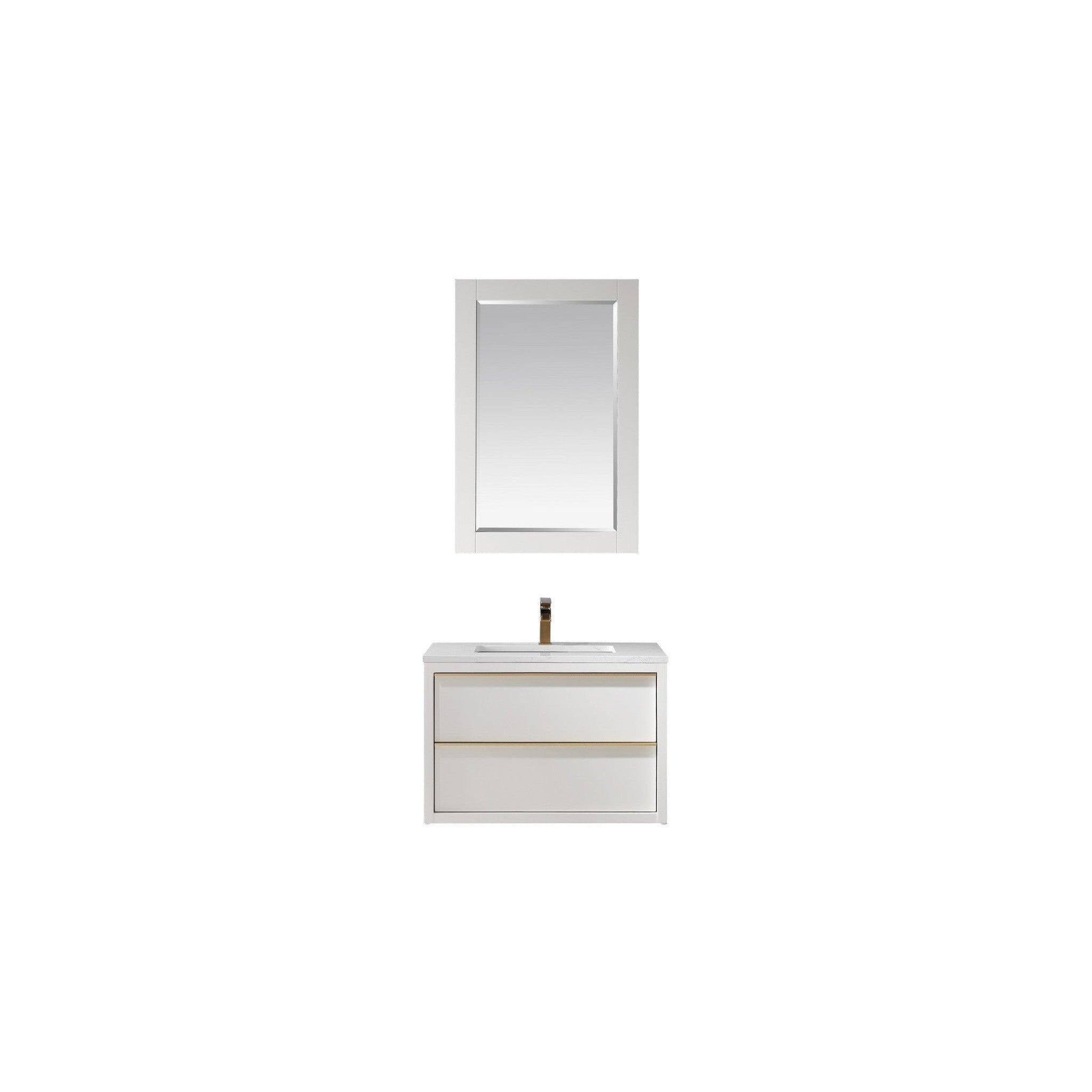 Morgan 30" Single Bathroom Vanity Set in White and Composite Carrara White Stone Countertop with Mirror