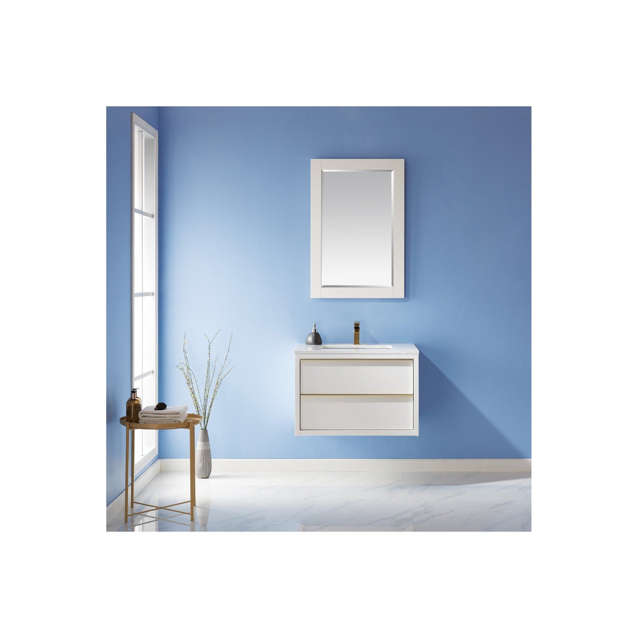 Morgan 30" Single Bathroom Vanity Set in White and Composite Carrara White Stone Countertop with Mirror