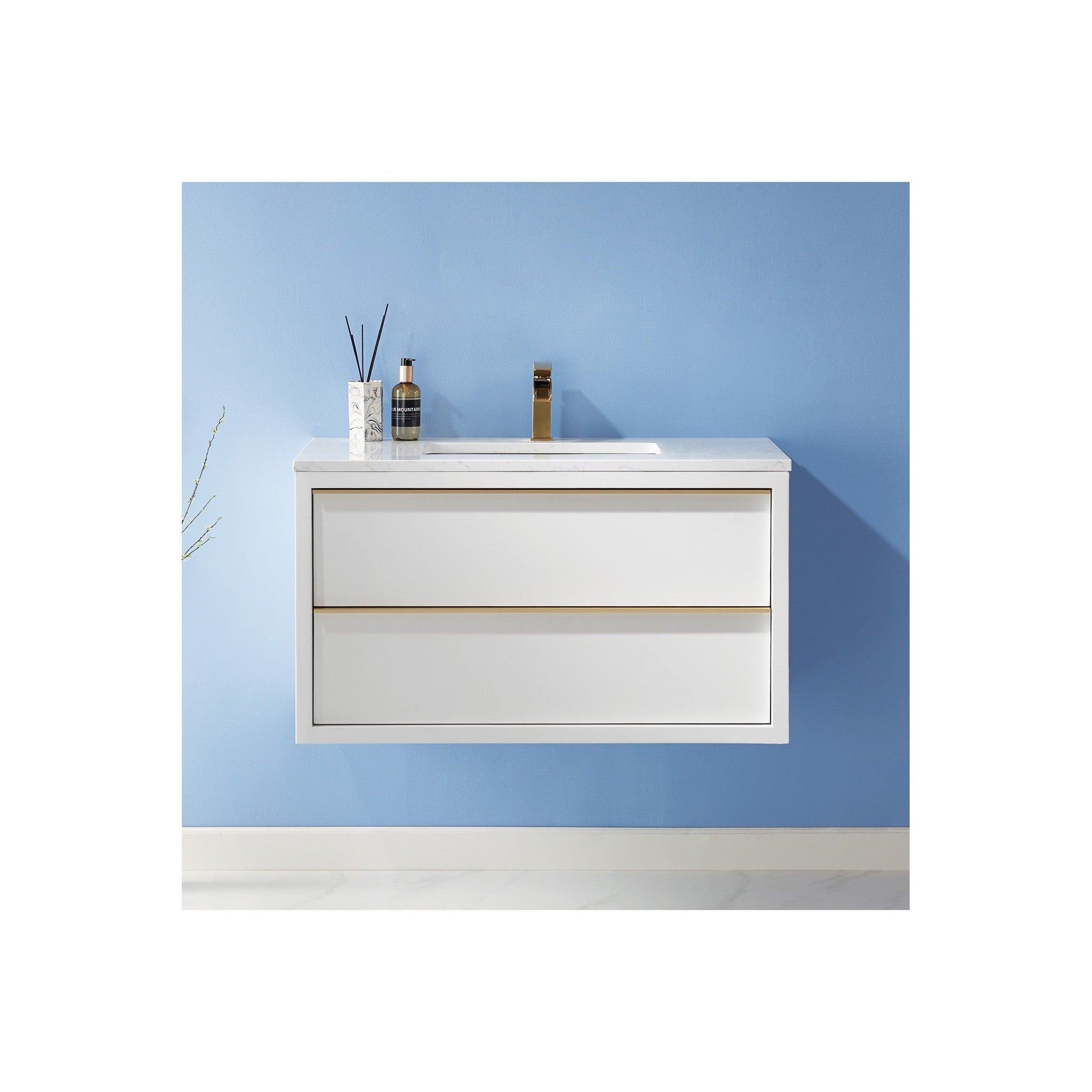 Morgan 36" Single Bathroom Vanity Set in White and Composite Carrara White Stone Countertop without Mirror