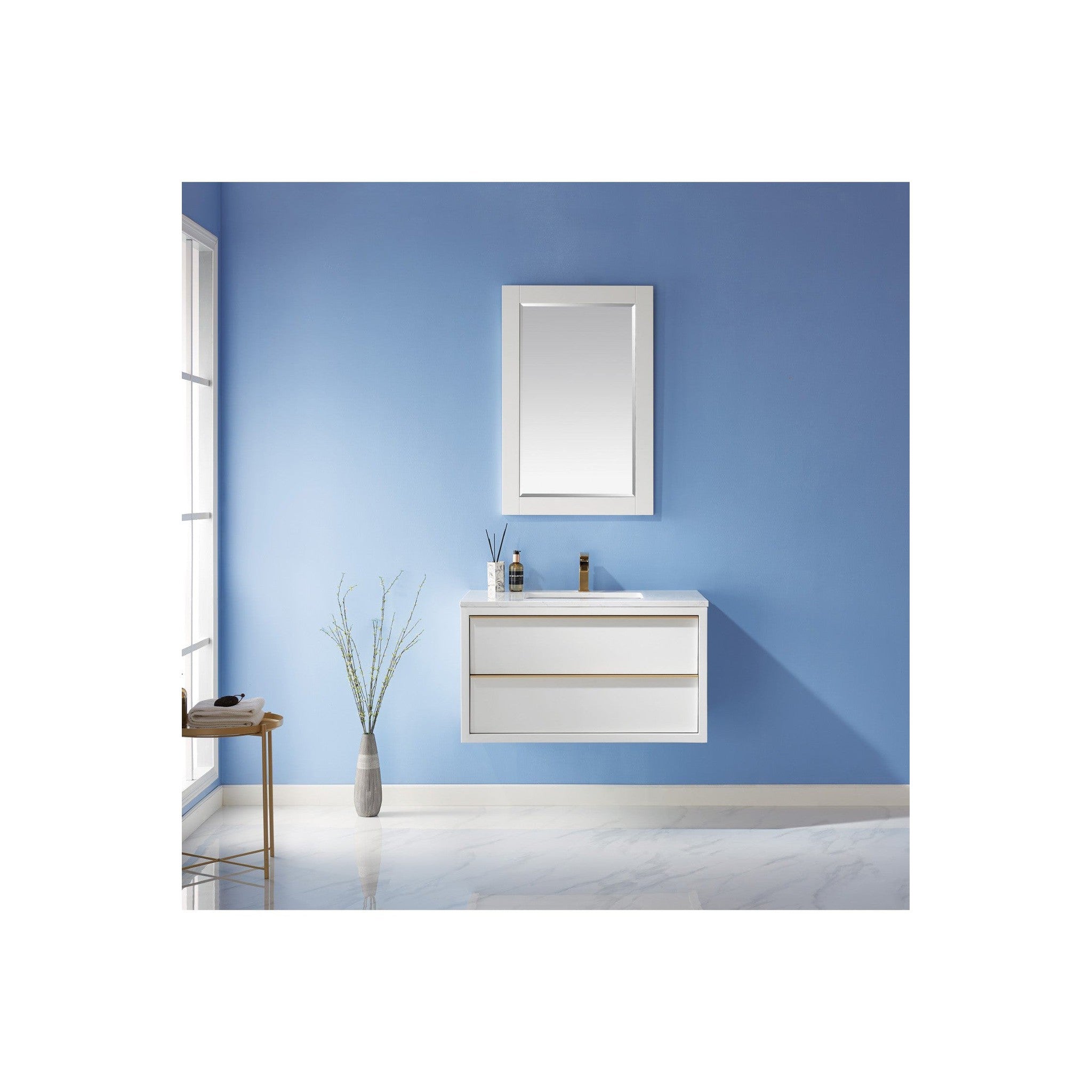 Morgan 36" Single Bathroom Vanity Set in White and Composite Carrara White Stone Countertop with Mirror