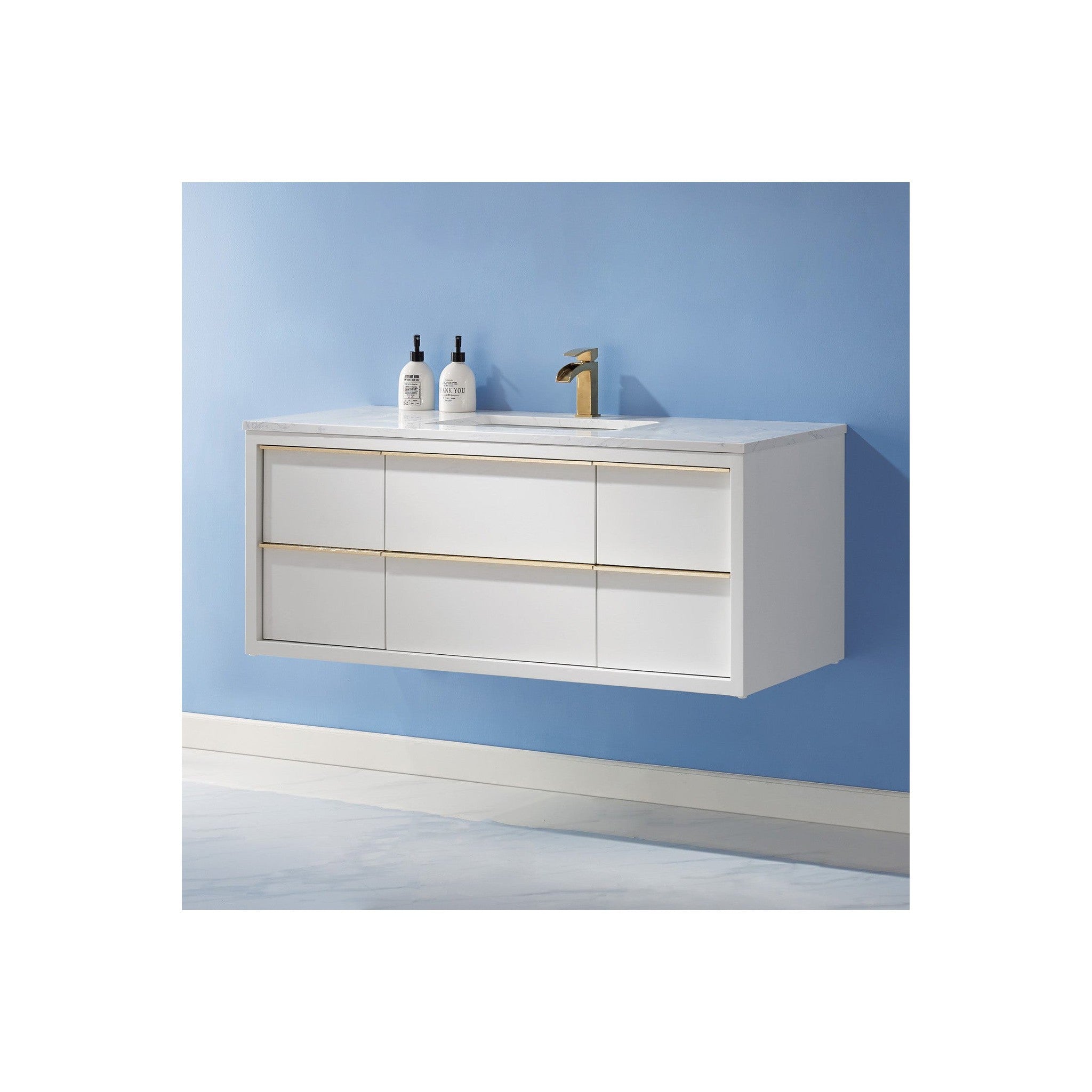 Morgan 48" Single Bathroom Vanity Set in White and Composite Carrara White Stone Countertop without Mirror