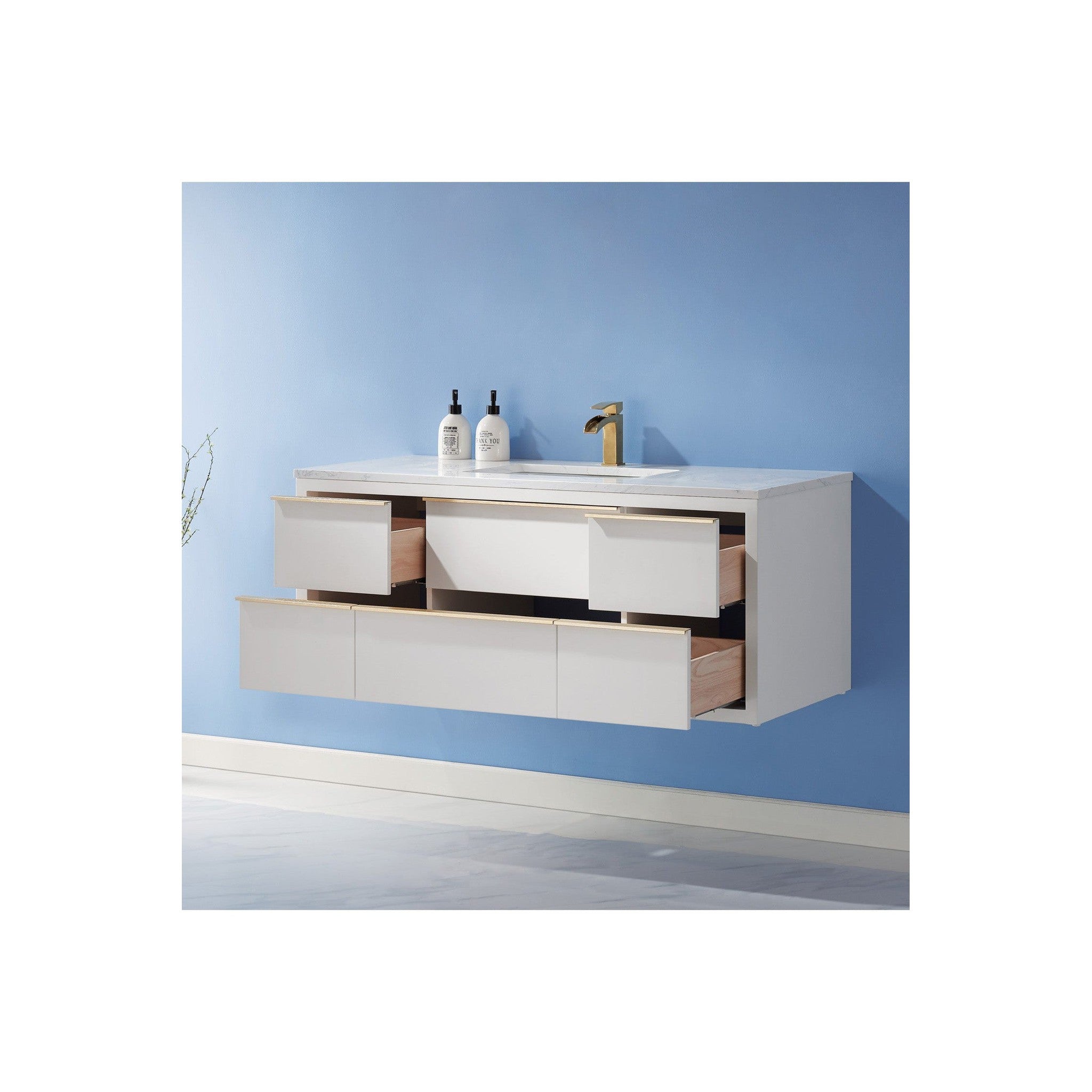 Morgan 48" Single Bathroom Vanity Set in White and Composite Carrara White Stone Countertop without Mirror