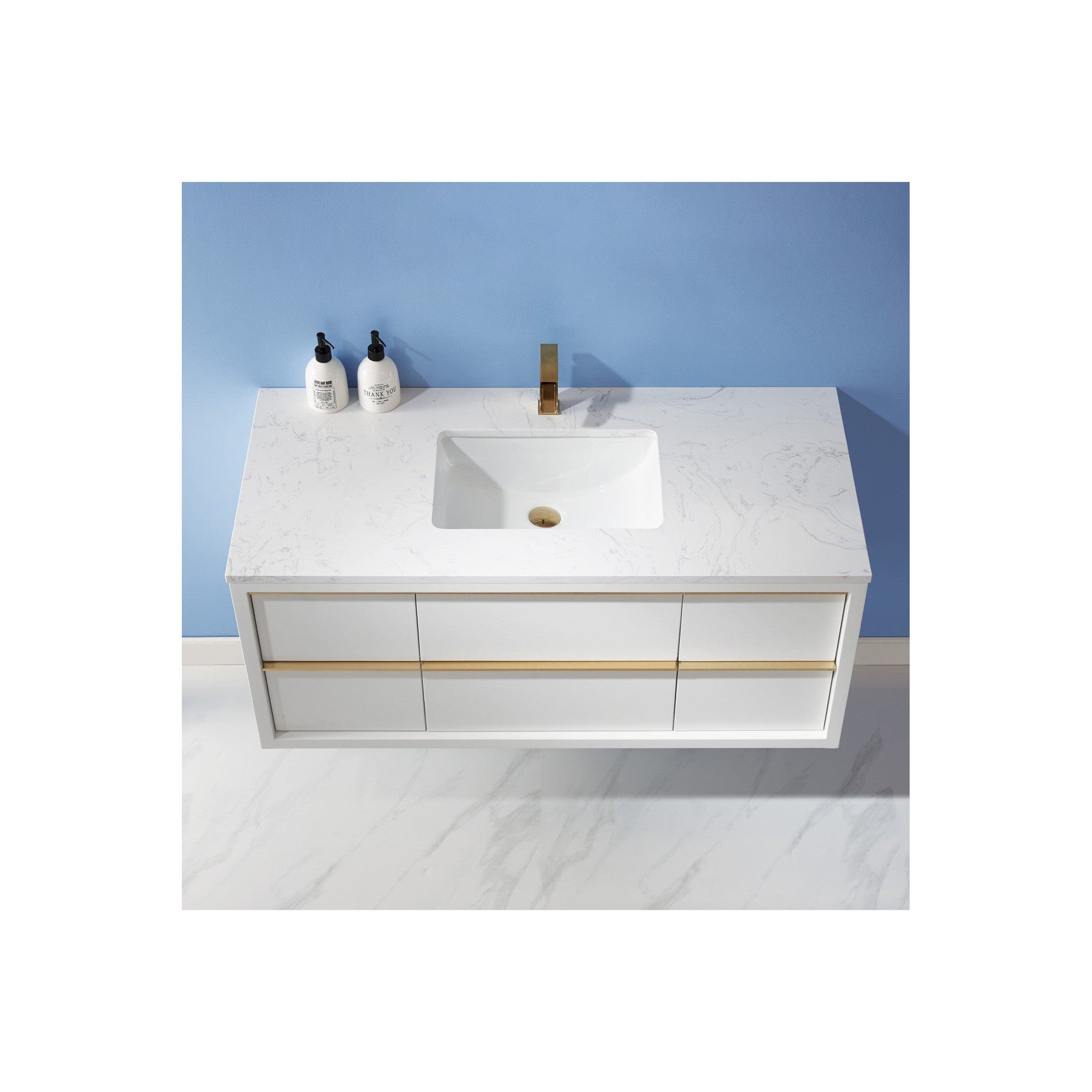 Morgan 48" Single Bathroom Vanity Set in White and Composite Carrara White Stone Countertop without Mirror