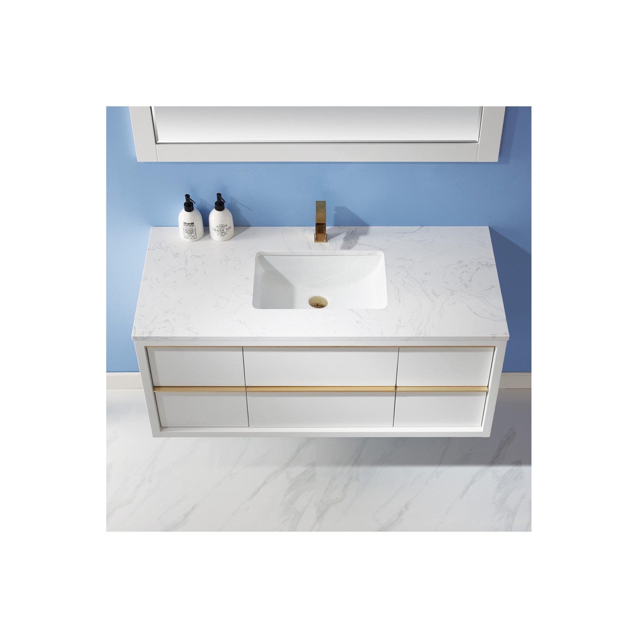 Morgan 48" Single Bathroom Vanity Set in White and Composite Carrara White Stone Countertop with Mirror