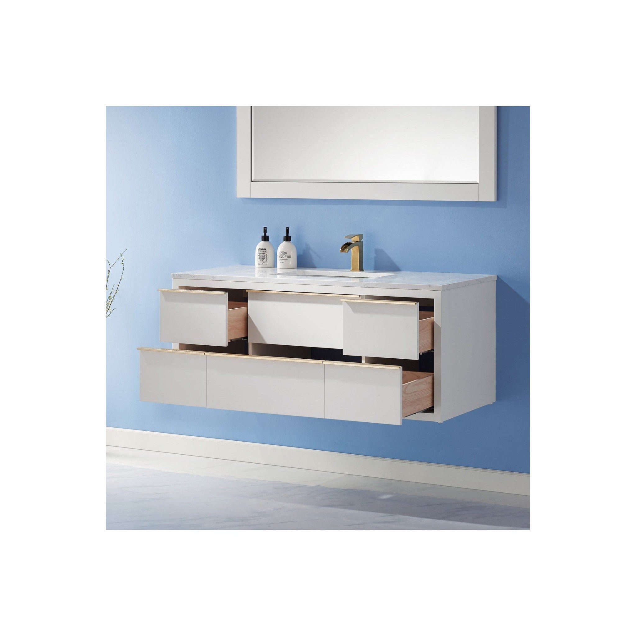 Morgan 48" Single Bathroom Vanity Set in White and Composite Carrara White Stone Countertop with Mirror