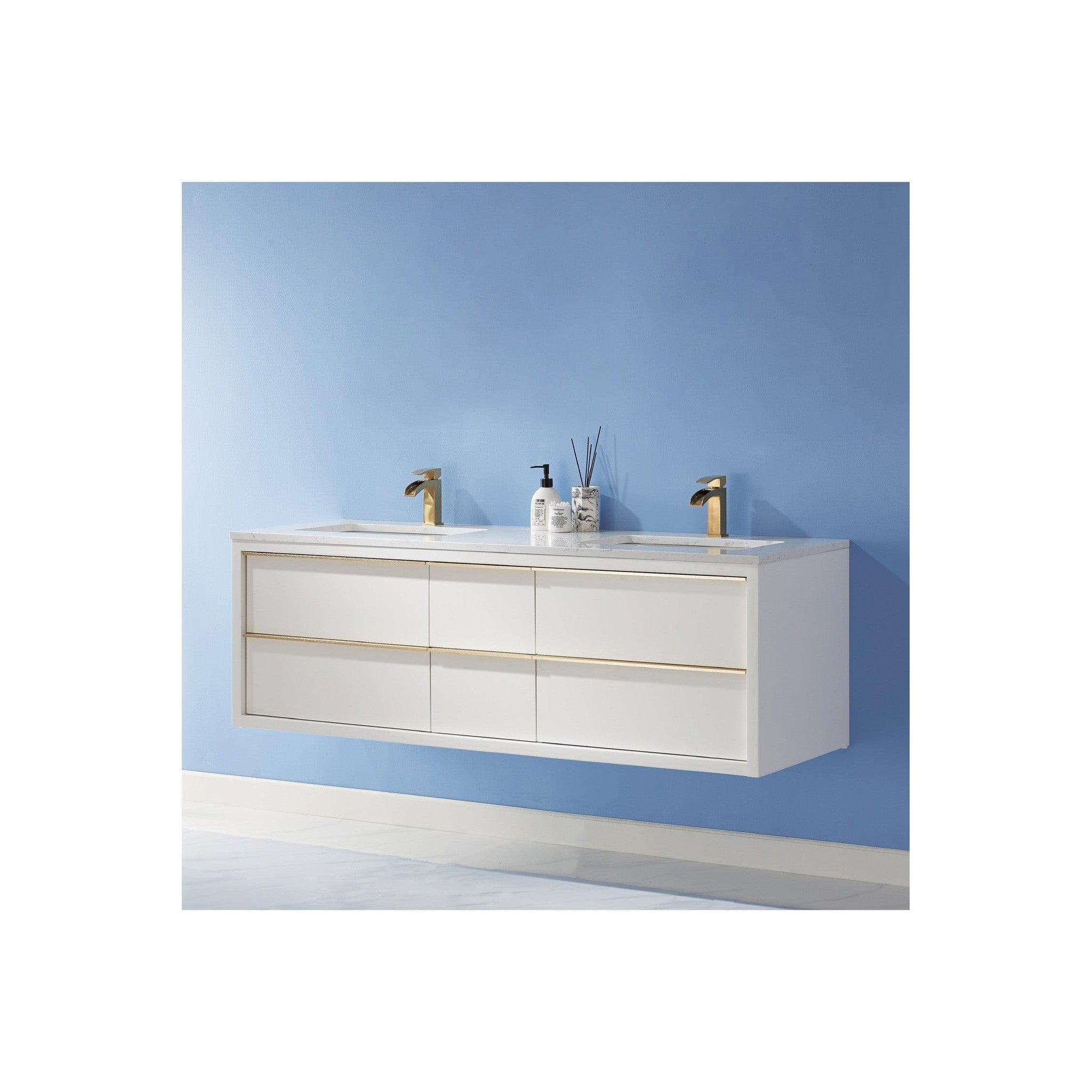 Morgan 60" Double Bathroom Vanity Set in White and Composite Carrara White Stone Countertop without Mirror