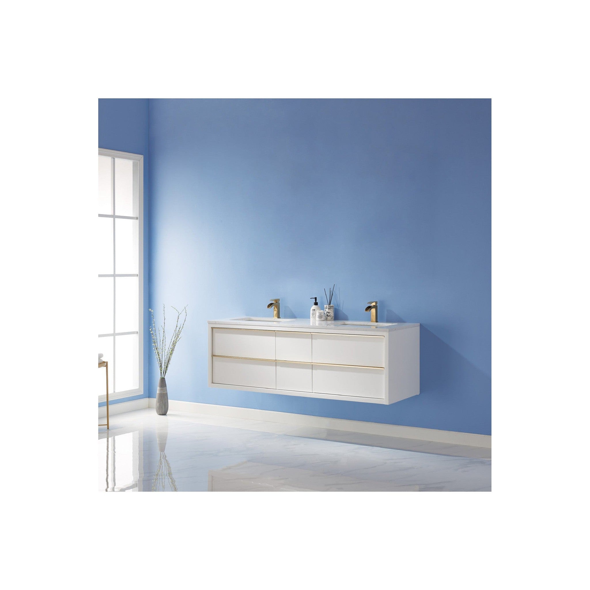 Morgan 60" Double Bathroom Vanity Set in White and Composite Carrara White Stone Countertop without Mirror