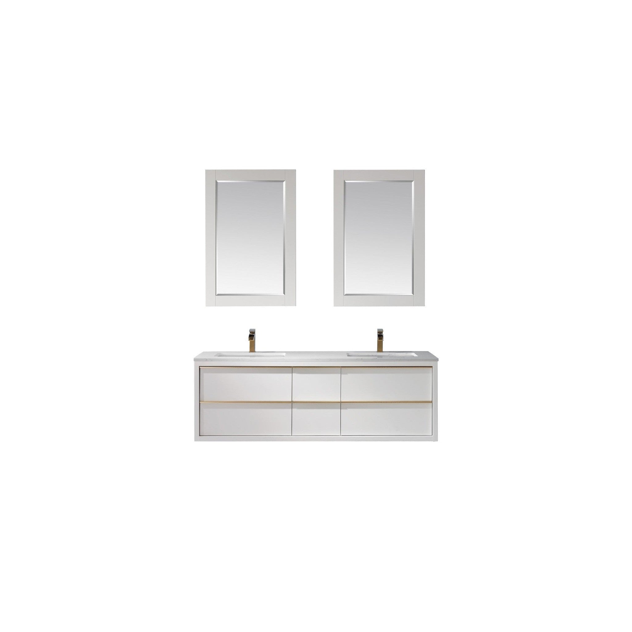 Morgan 60" Double Bathroom Vanity Set in White and Composite Carrara White Stone Countertop with Mirror