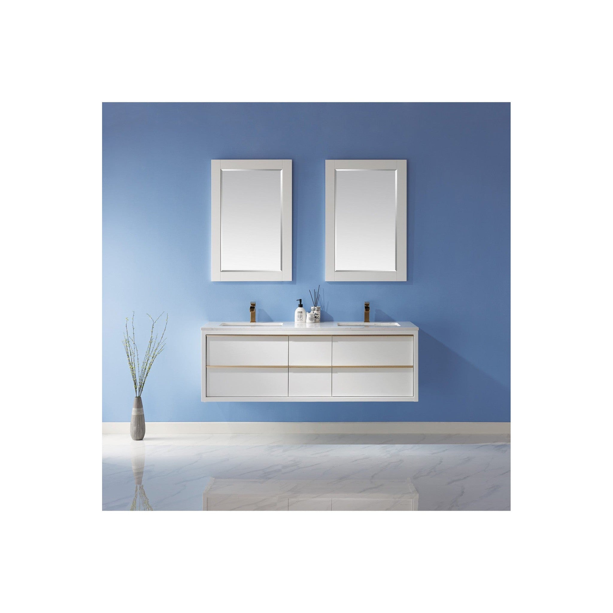 Morgan 60" Double Bathroom Vanity Set in White and Composite Carrara White Stone Countertop with Mirror