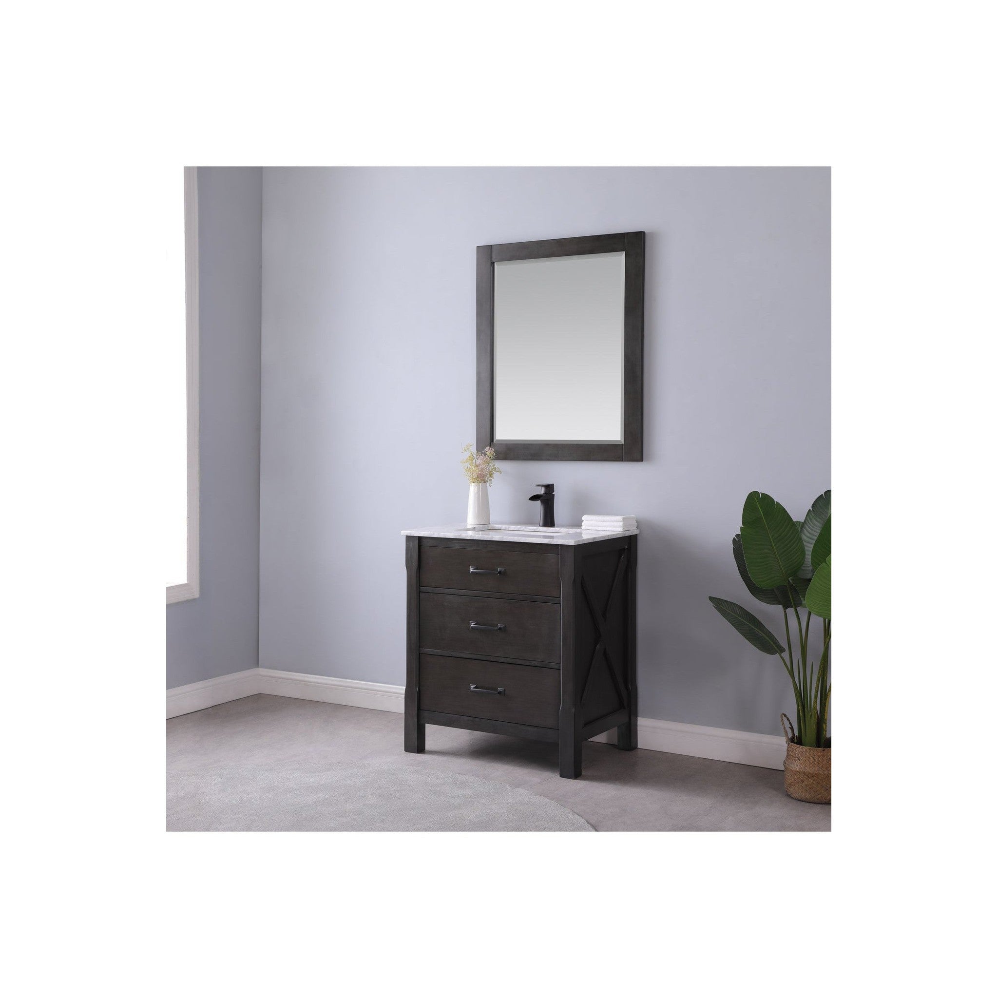 Maribella 30" Single Bathroom Vanity Set in Rust Black and Carrara White Marble Countertop with Mirror