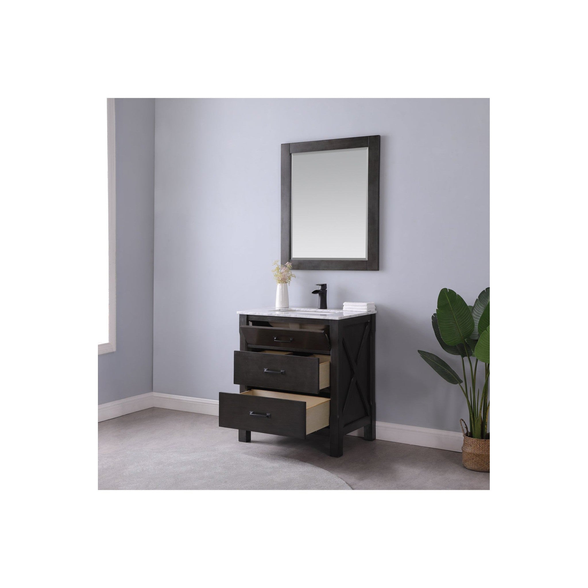 Maribella 30" Single Bathroom Vanity Set in Rust Black and Carrara White Marble Countertop with Mirror