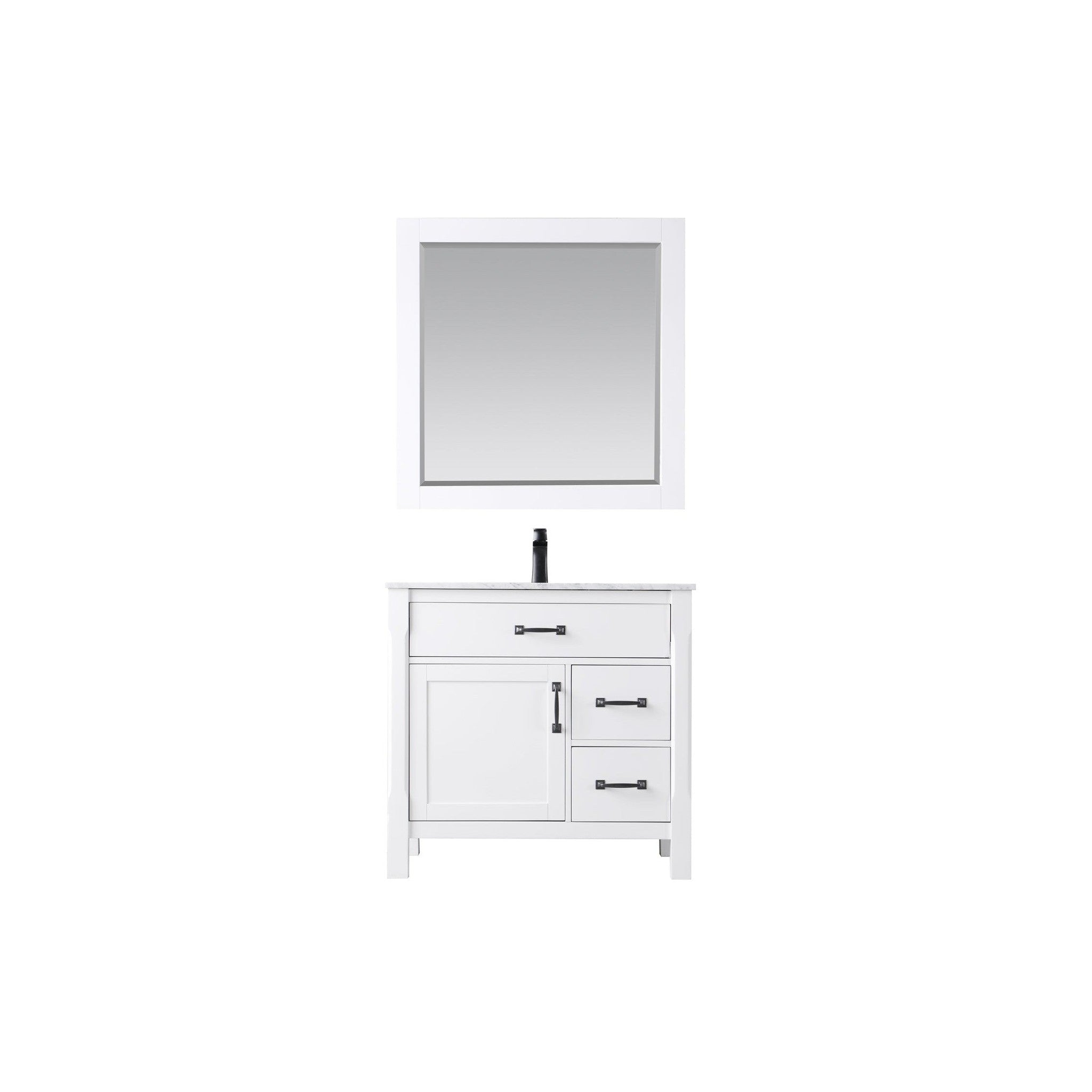 Maribella 36" Single Bathroom Vanity Set in White and Carrara White Marble Countertop with Mirror