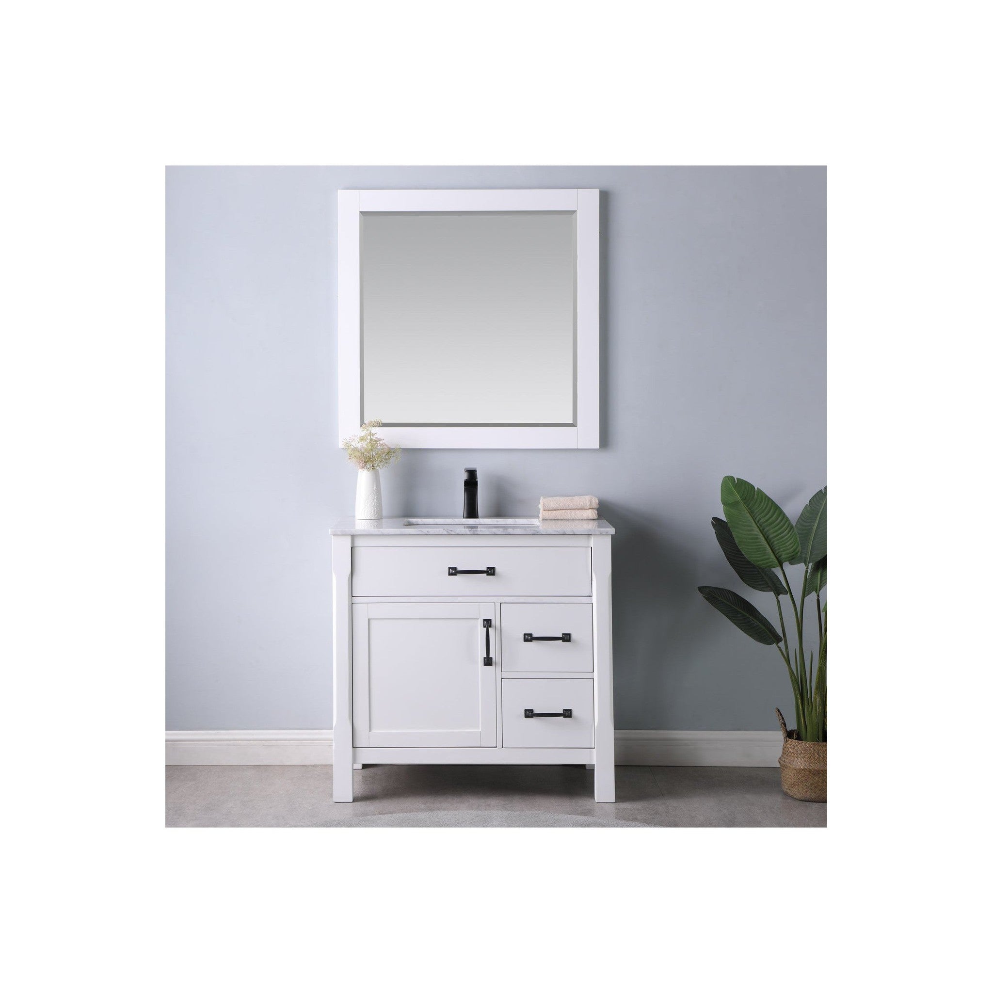 Maribella 36" Single Bathroom Vanity Set in White and Carrara White Marble Countertop with Mirror