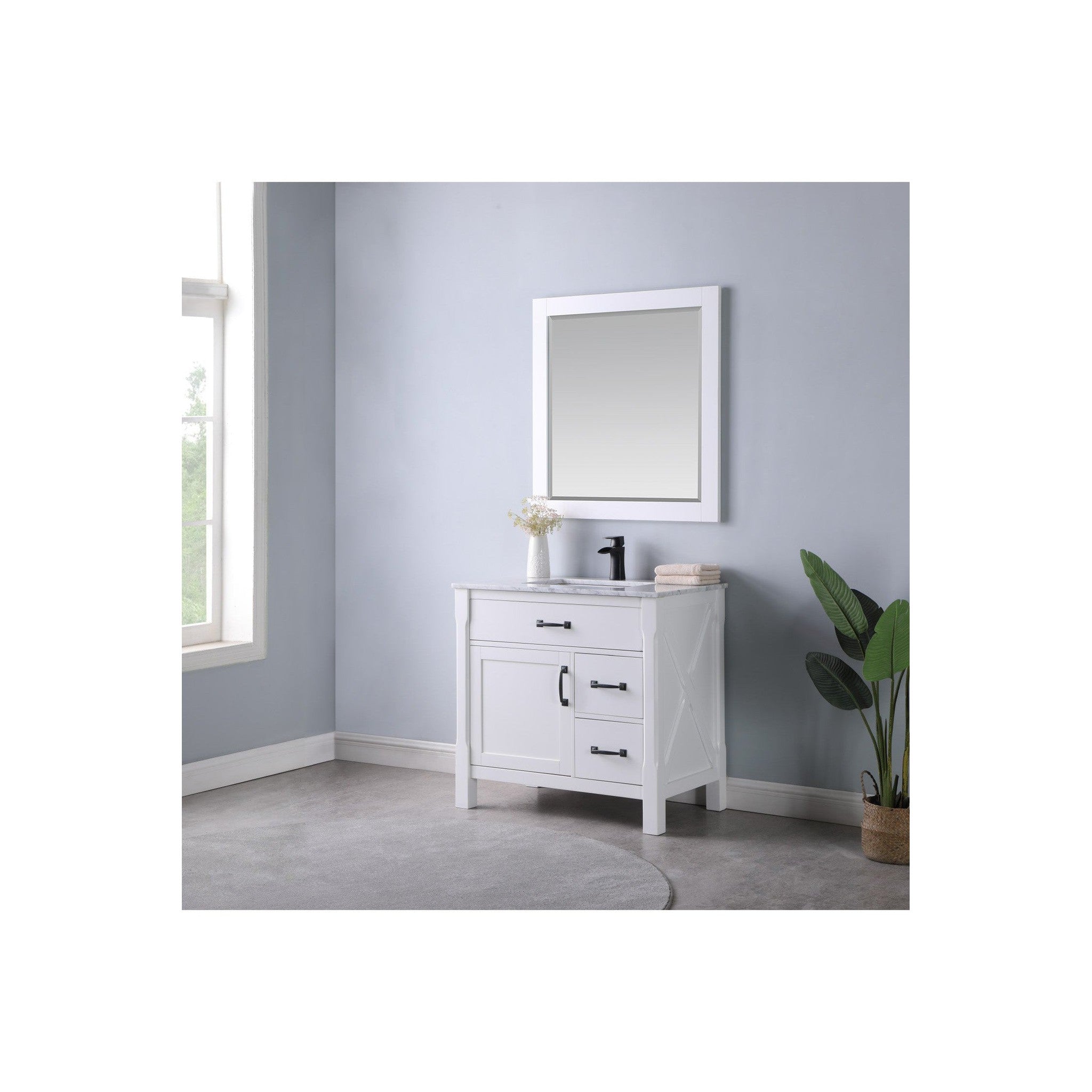 Maribella 36" Single Bathroom Vanity Set in White and Carrara White Marble Countertop with Mirror