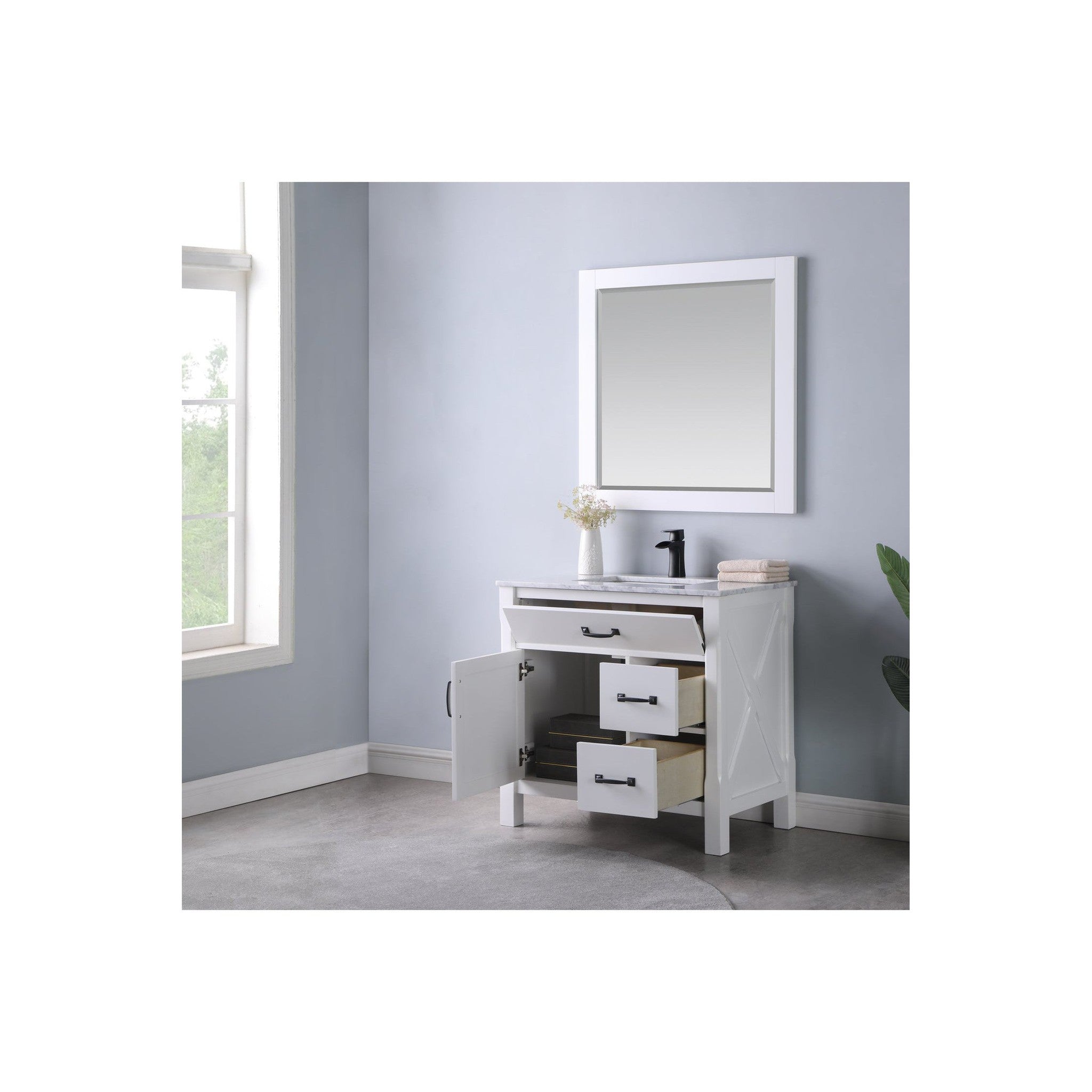 Maribella 36" Single Bathroom Vanity Set in White and Carrara White Marble Countertop with Mirror