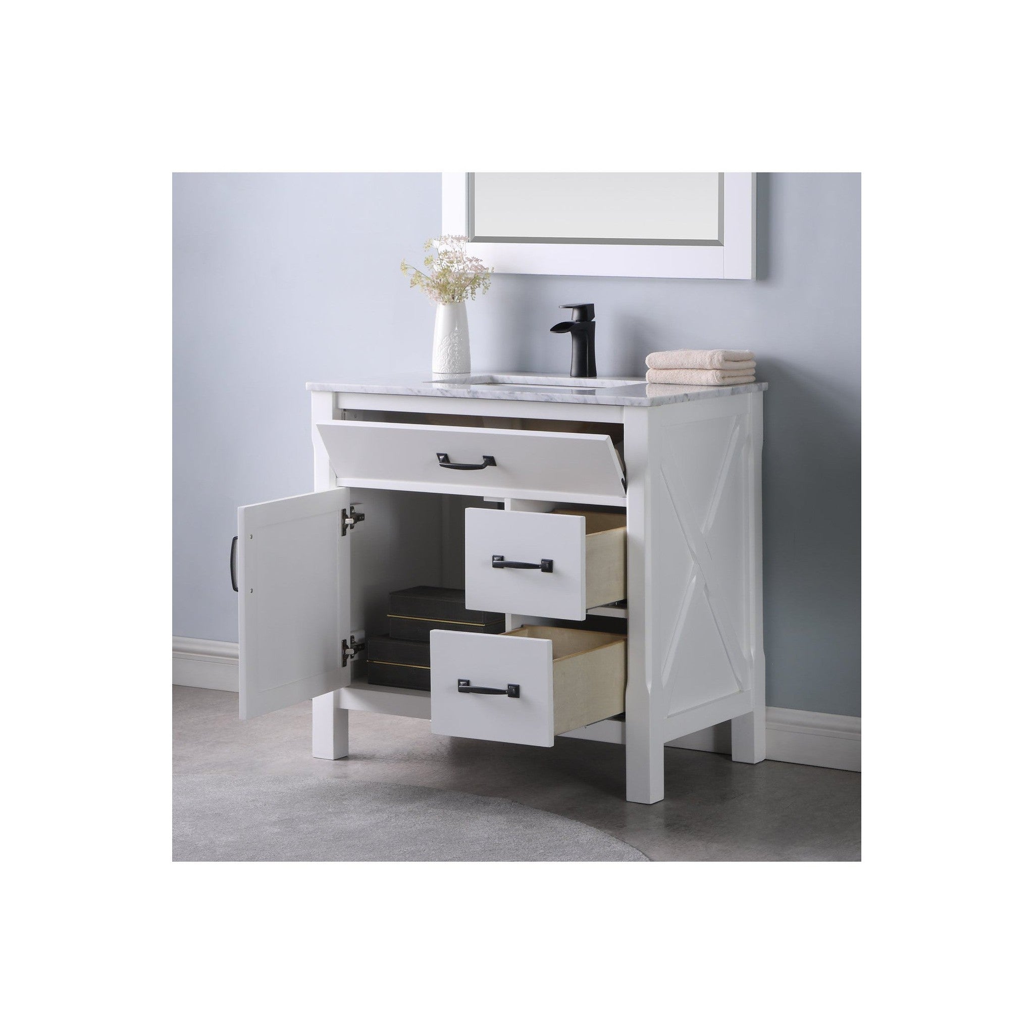 Maribella 36" Single Bathroom Vanity Set in White and Carrara White Marble Countertop with Mirror