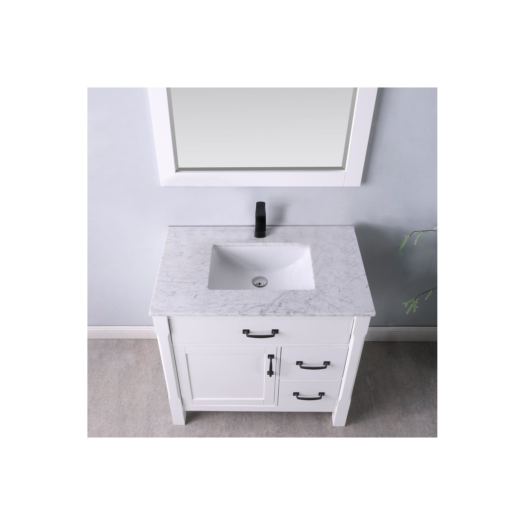 Maribella 36" Single Bathroom Vanity Set in White and Carrara White Marble Countertop with Mirror