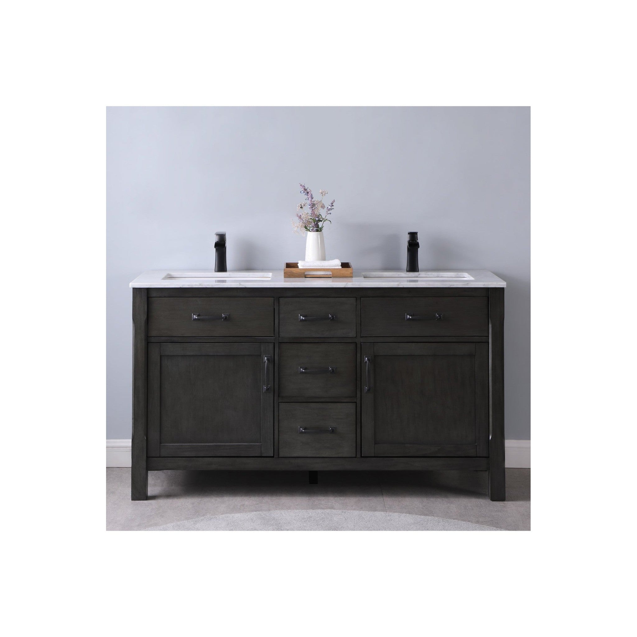 Maribella 60" Double Bathroom Vanity Set in Rust Black and Carrara White Marble Countertop without Mirror