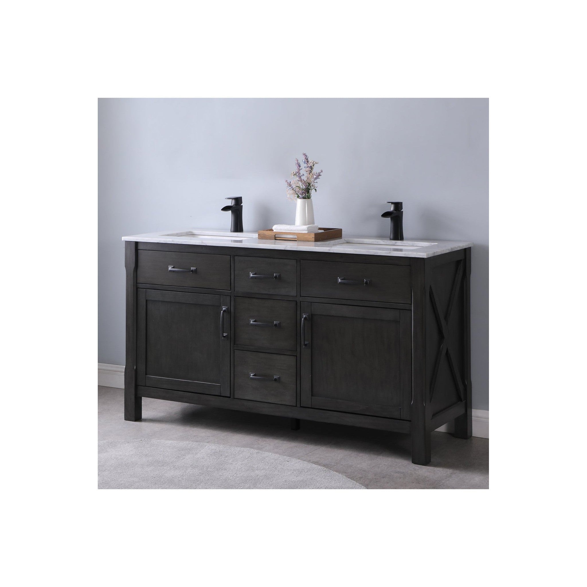 Maribella 60" Double Bathroom Vanity Set in Rust Black and Carrara White Marble Countertop without Mirror