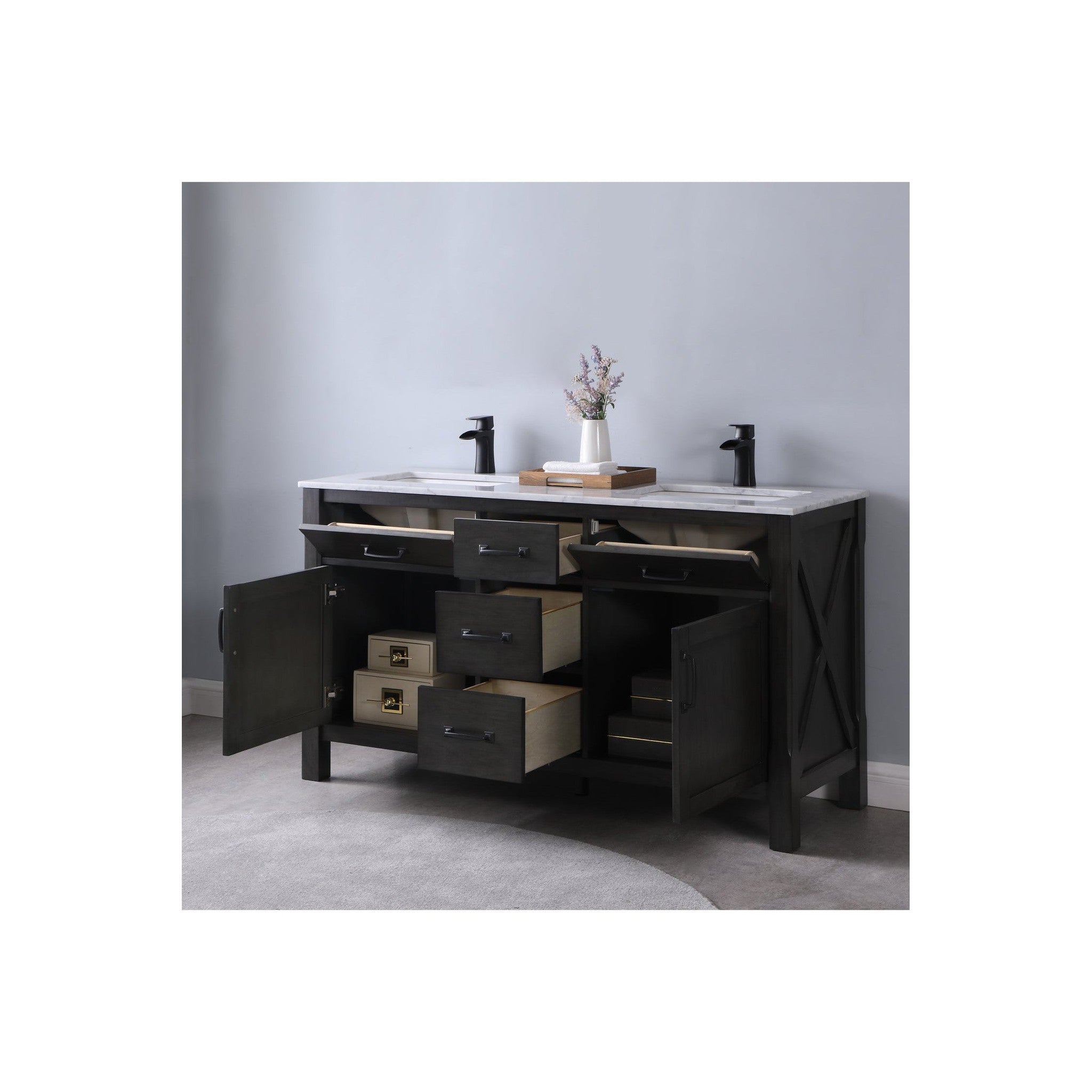 Maribella 60" Double Bathroom Vanity Set in Rust Black and Carrara White Marble Countertop without Mirror