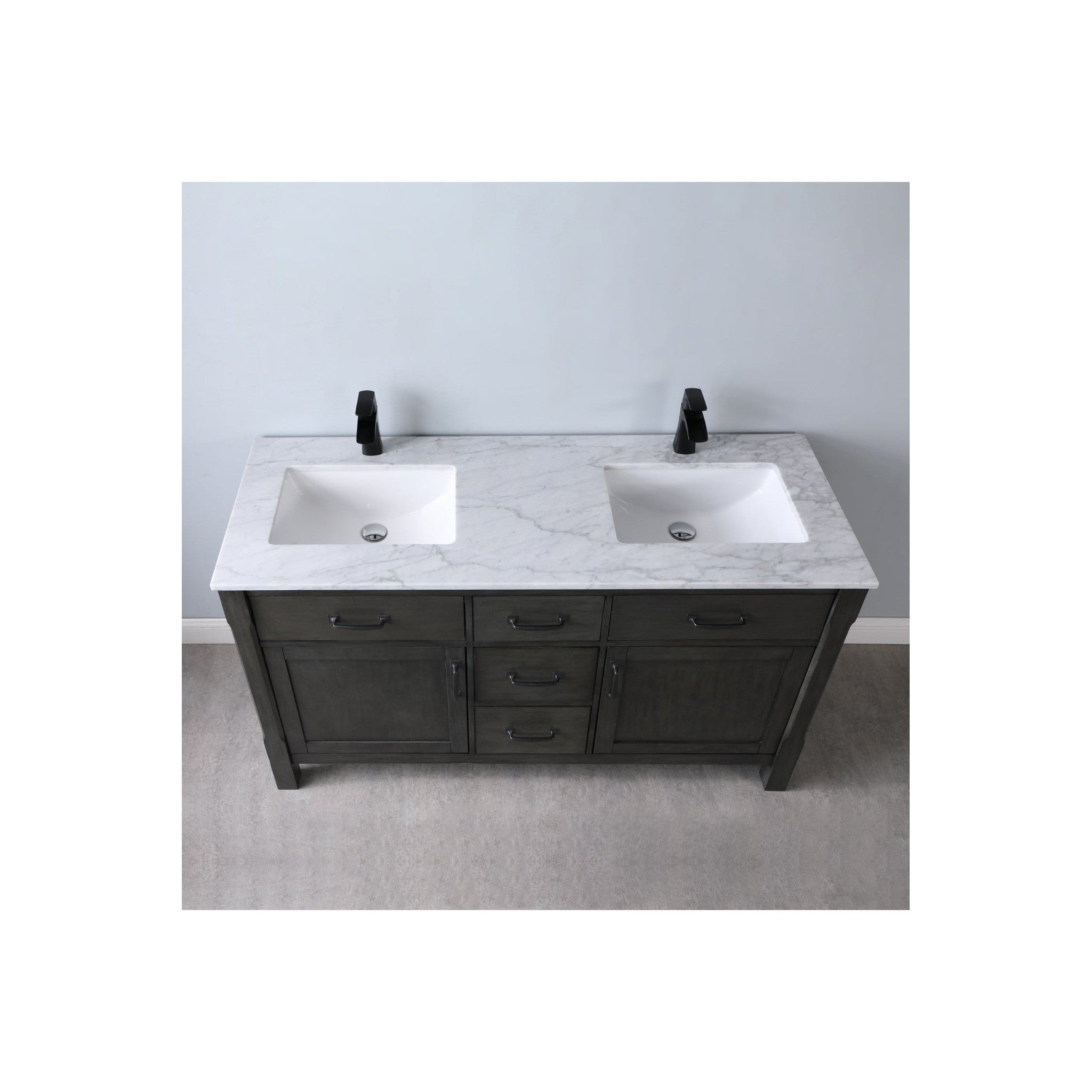 Maribella 60" Double Bathroom Vanity Set in Rust Black and Carrara White Marble Countertop without Mirror