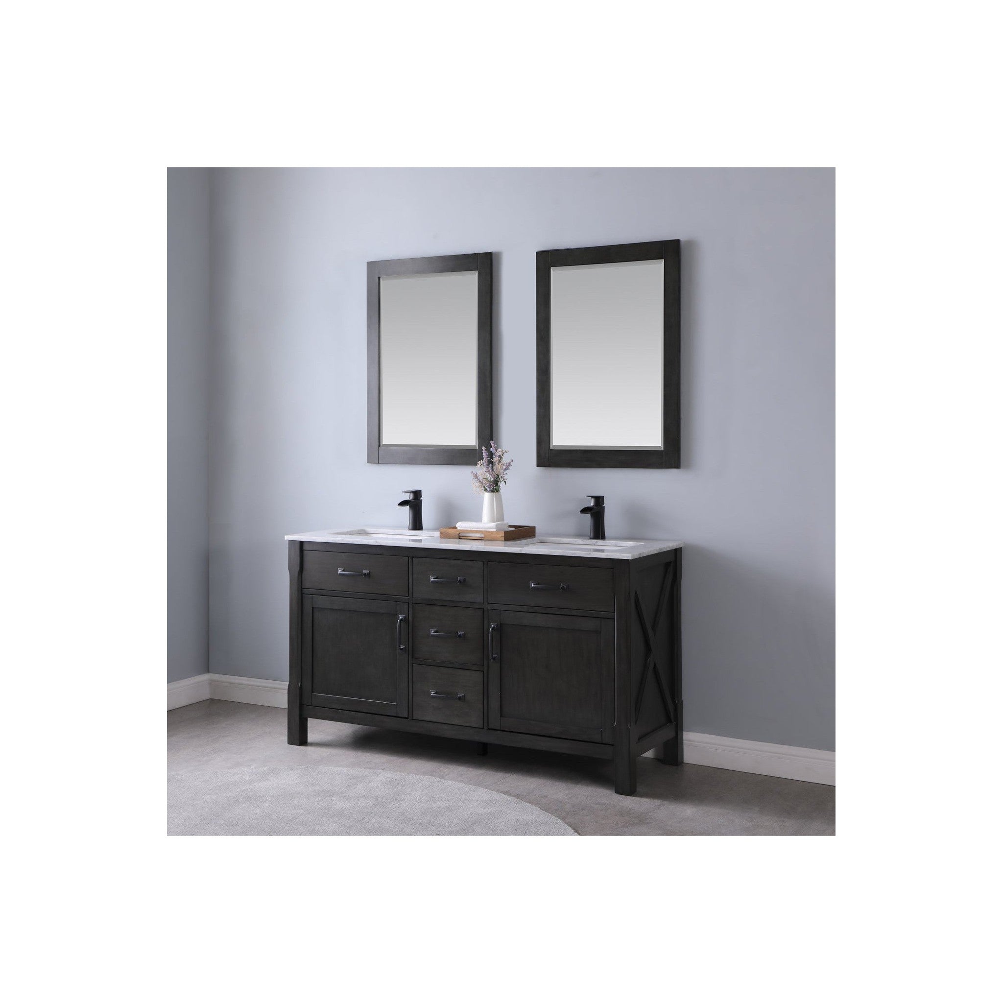 Maribella 60" Double Bathroom Vanity Set in Rust Black and Carrara White Marble Countertop with Mirror