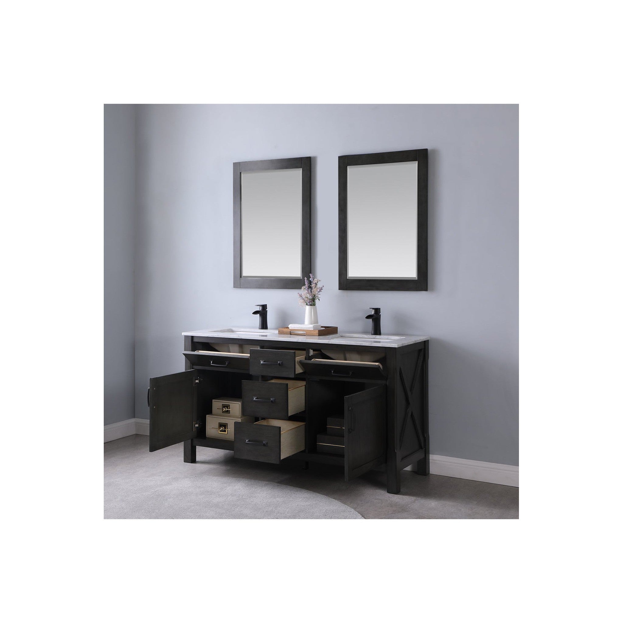 Maribella 60" Double Bathroom Vanity Set in Rust Black and Carrara White Marble Countertop with Mirror