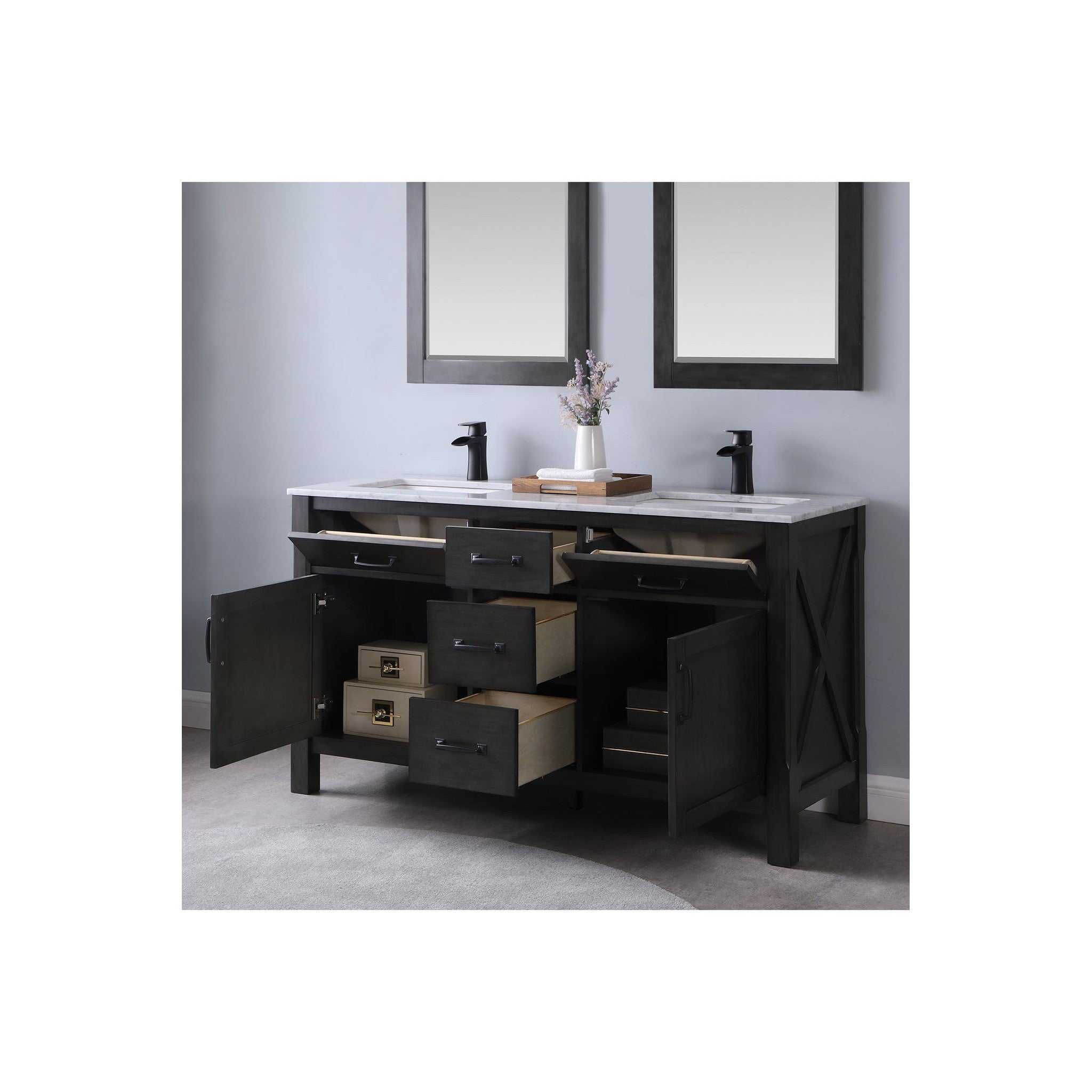 Maribella 60" Double Bathroom Vanity Set in Rust Black and Carrara White Marble Countertop with Mirror