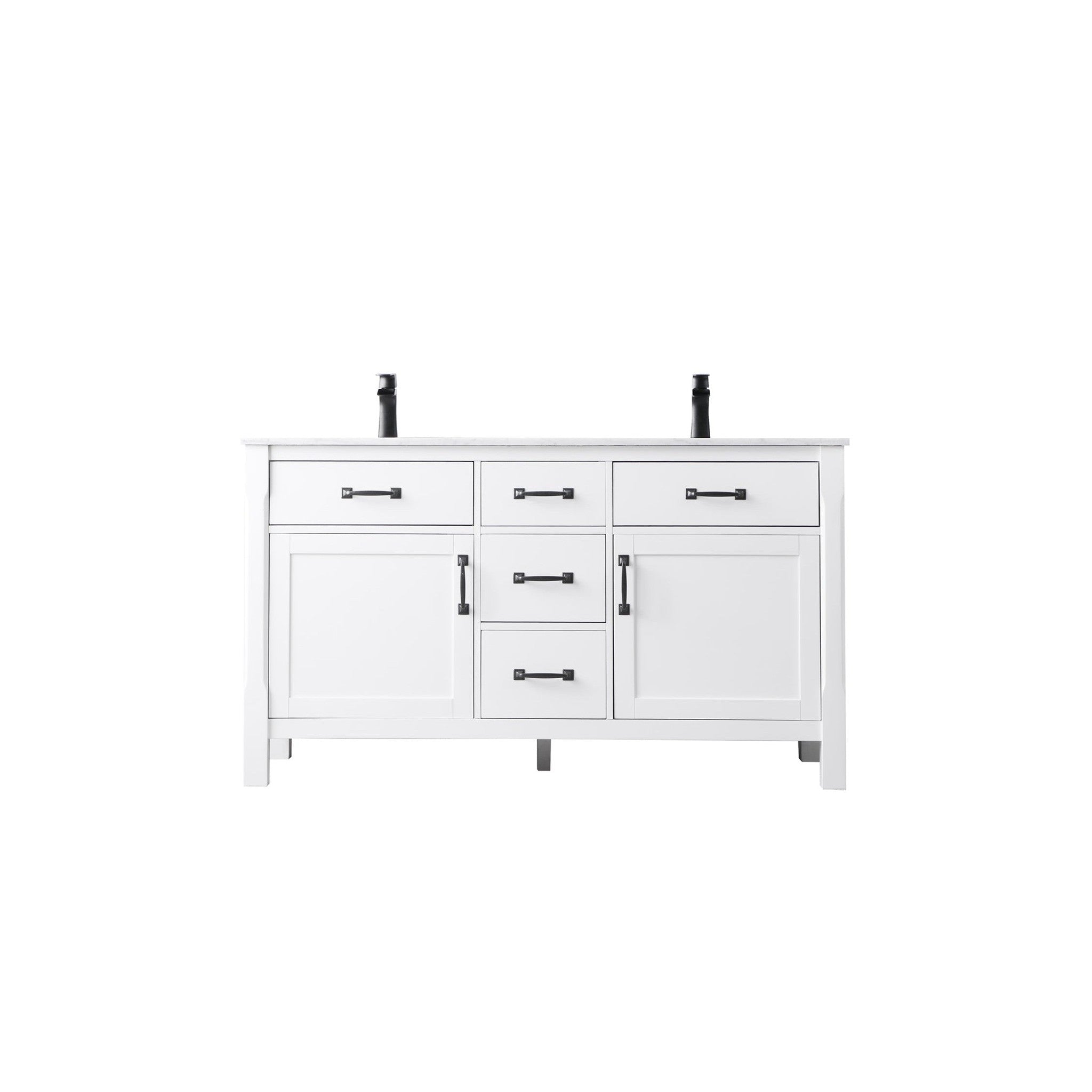 Maribella 60" Double Bathroom Vanity Set in White and Carrara White Marble Countertop without Mirror