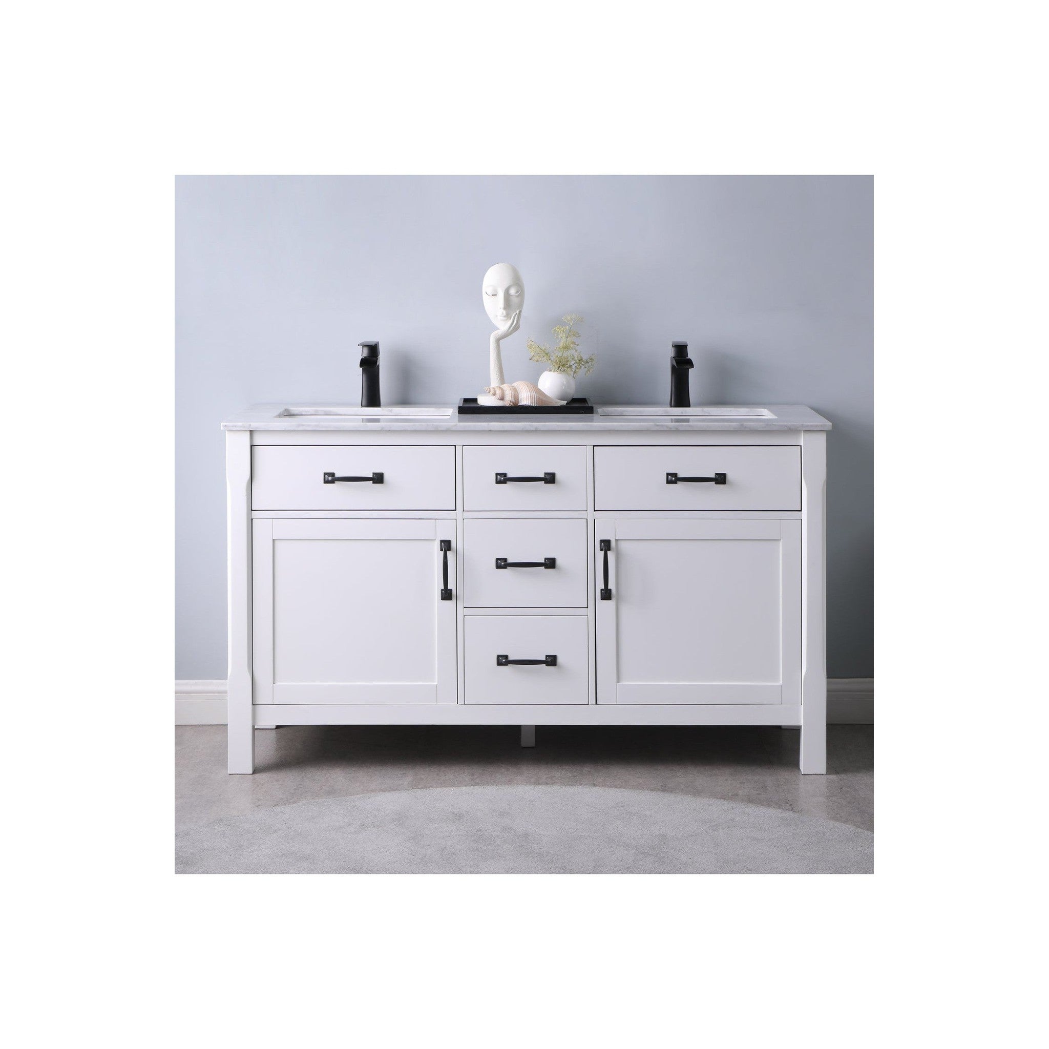 Maribella 60" Double Bathroom Vanity Set in White and Carrara White Marble Countertop without Mirror