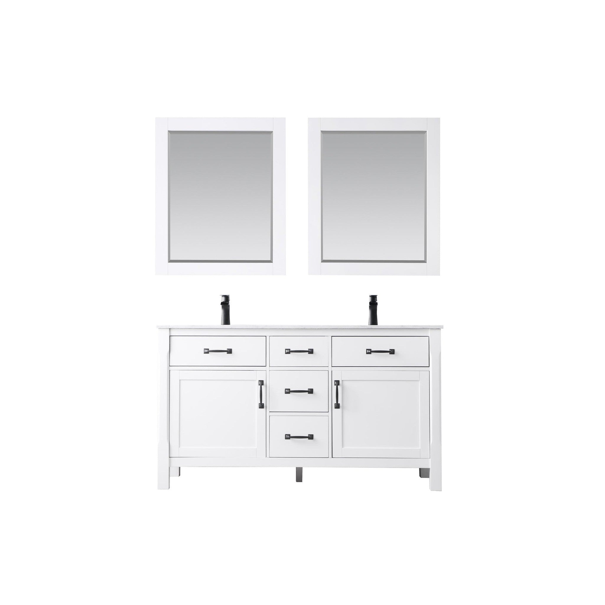 Maribella 60" Double Bathroom Vanity Set in White and Carrara White Marble Countertop with Mirror