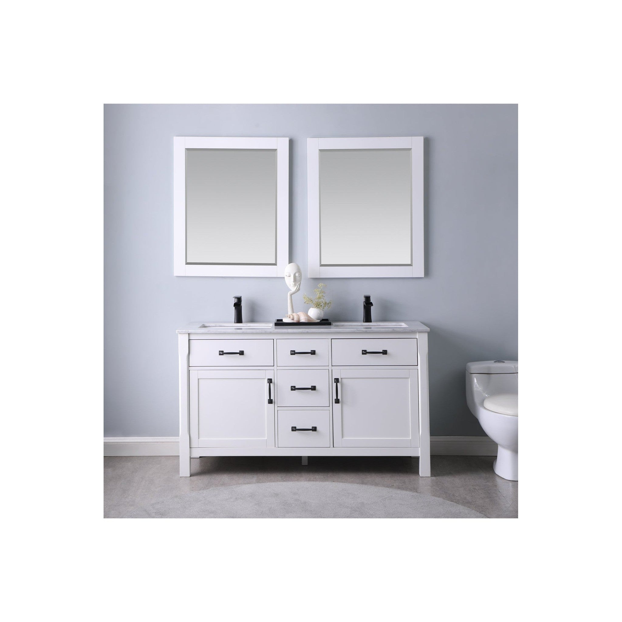 Maribella 60" Double Bathroom Vanity Set in White and Carrara White Marble Countertop with Mirror