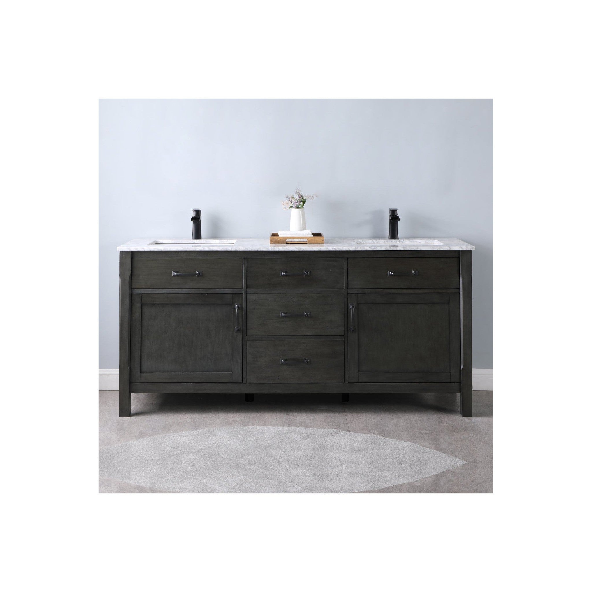 Maribella 72" Double Bathroom Vanity Set in Rust Black and Carrara White Marble Countertop without Mirror