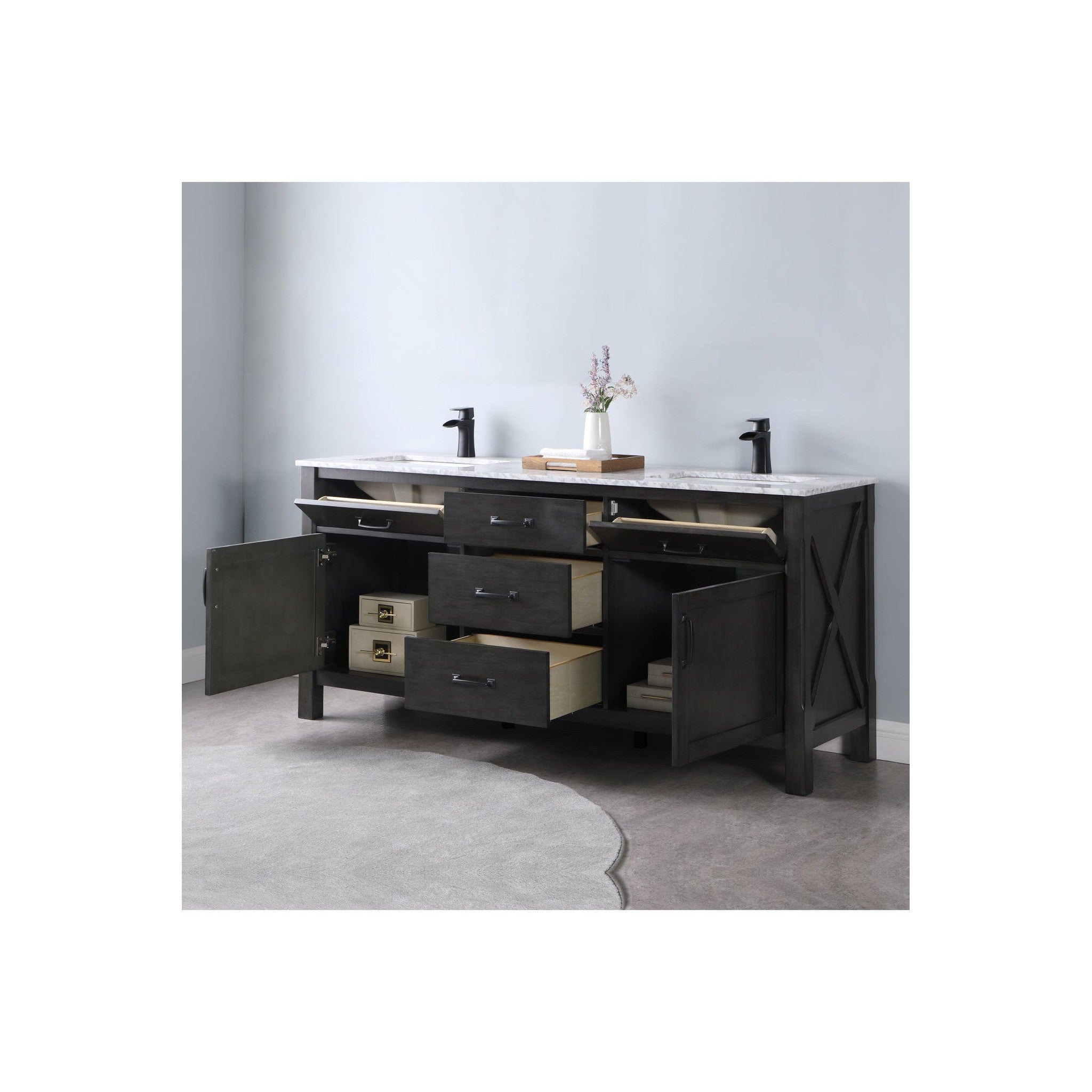 Maribella 72" Double Bathroom Vanity Set in Rust Black and Carrara White Marble Countertop without Mirror