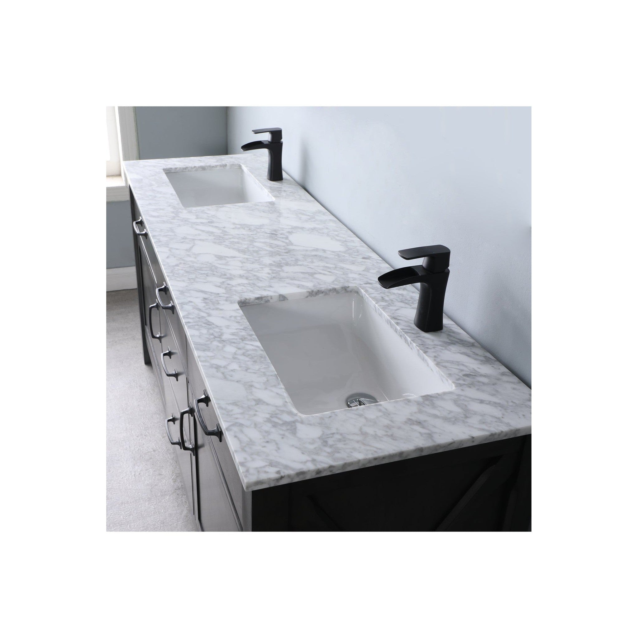 Maribella 72" Double Bathroom Vanity Set in Rust Black and Carrara White Marble Countertop without Mirror