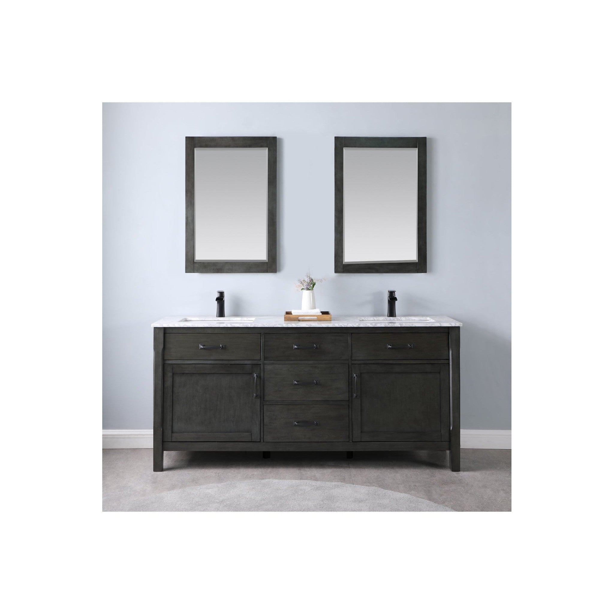 Maribella 72" Double Bathroom Vanity Set in Rust Black and Carrara White Marble Countertop with Mirror