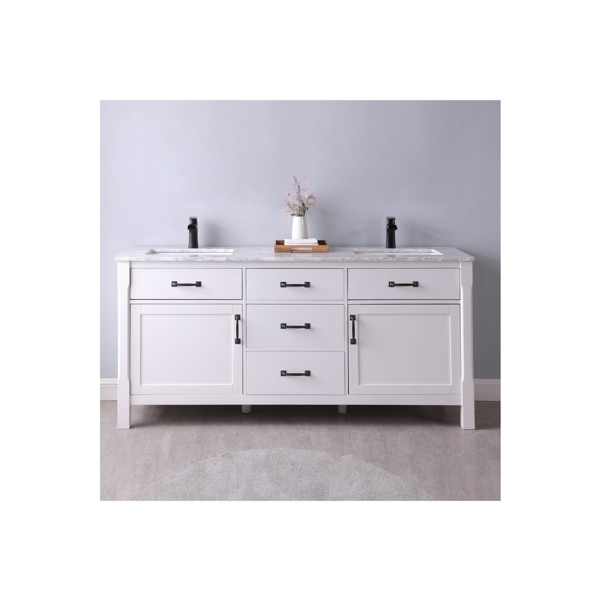 Maribella 72" Double Bathroom Vanity Set in White and Carrara White Marble Countertop without Mirror