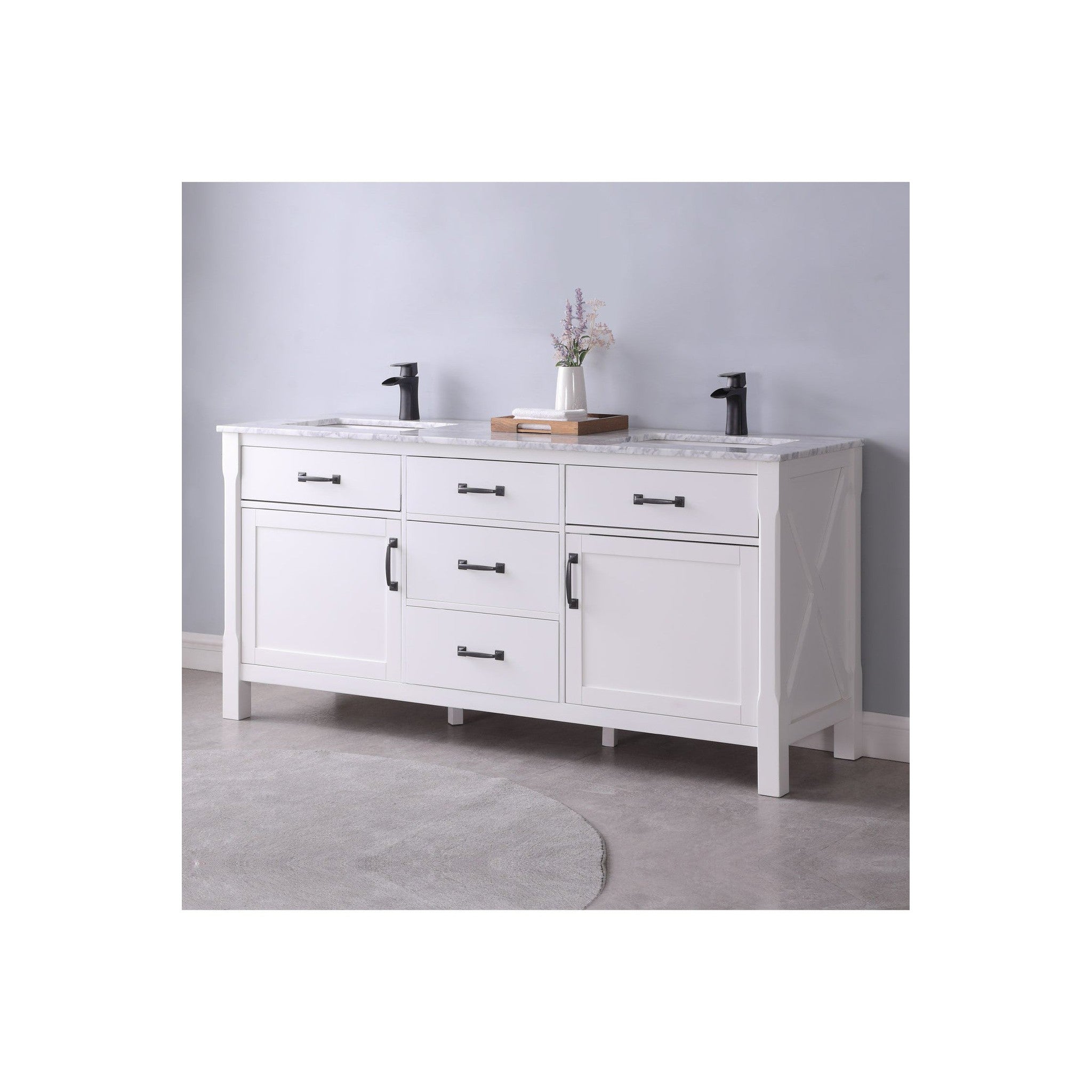 Maribella 72" Double Bathroom Vanity Set in White and Carrara White Marble Countertop without Mirror