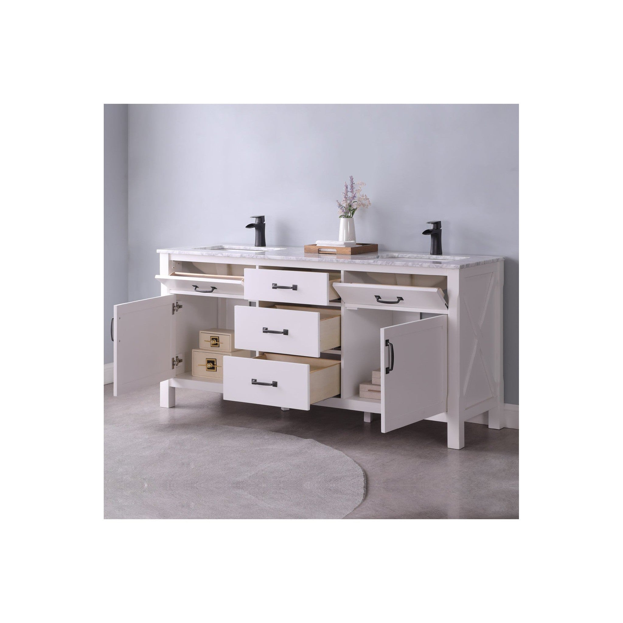 Maribella 72" Double Bathroom Vanity Set in White and Carrara White Marble Countertop without Mirror