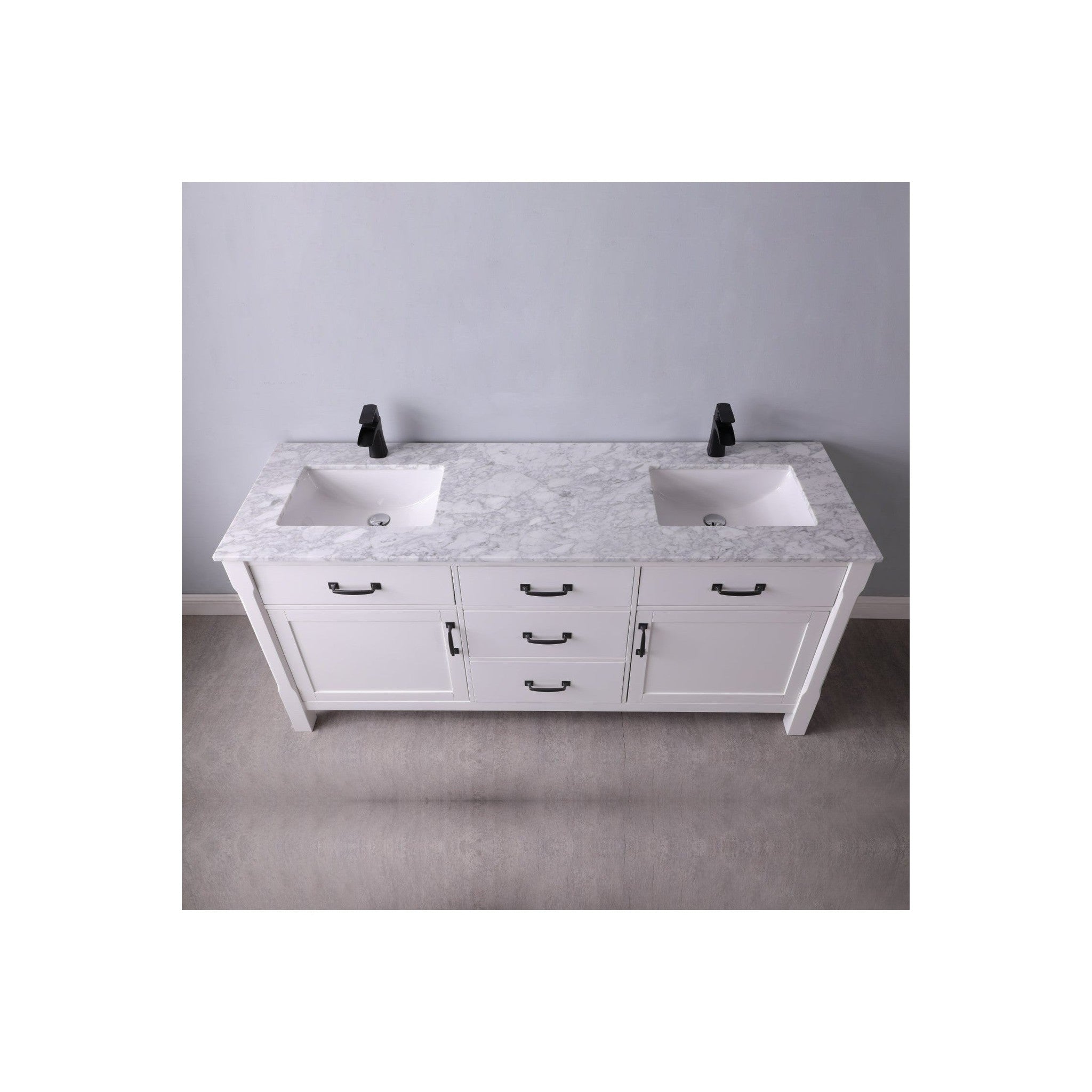 Maribella 72" Double Bathroom Vanity Set in White and Carrara White Marble Countertop without Mirror