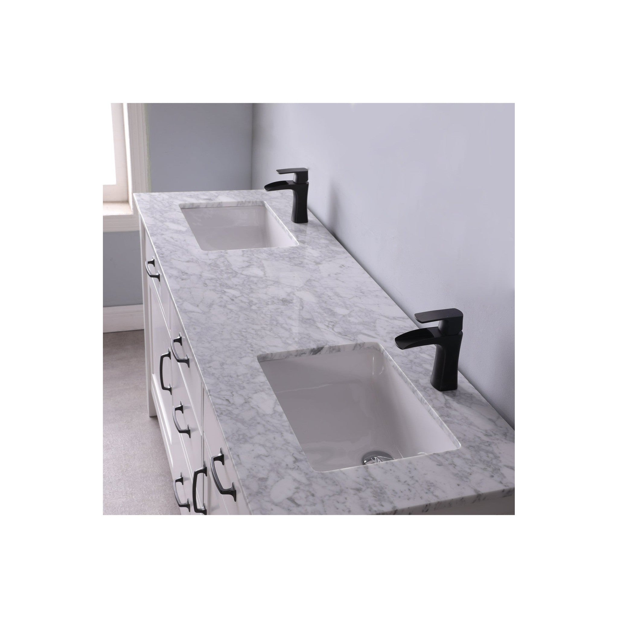 Maribella 72" Double Bathroom Vanity Set in White and Carrara White Marble Countertop without Mirror