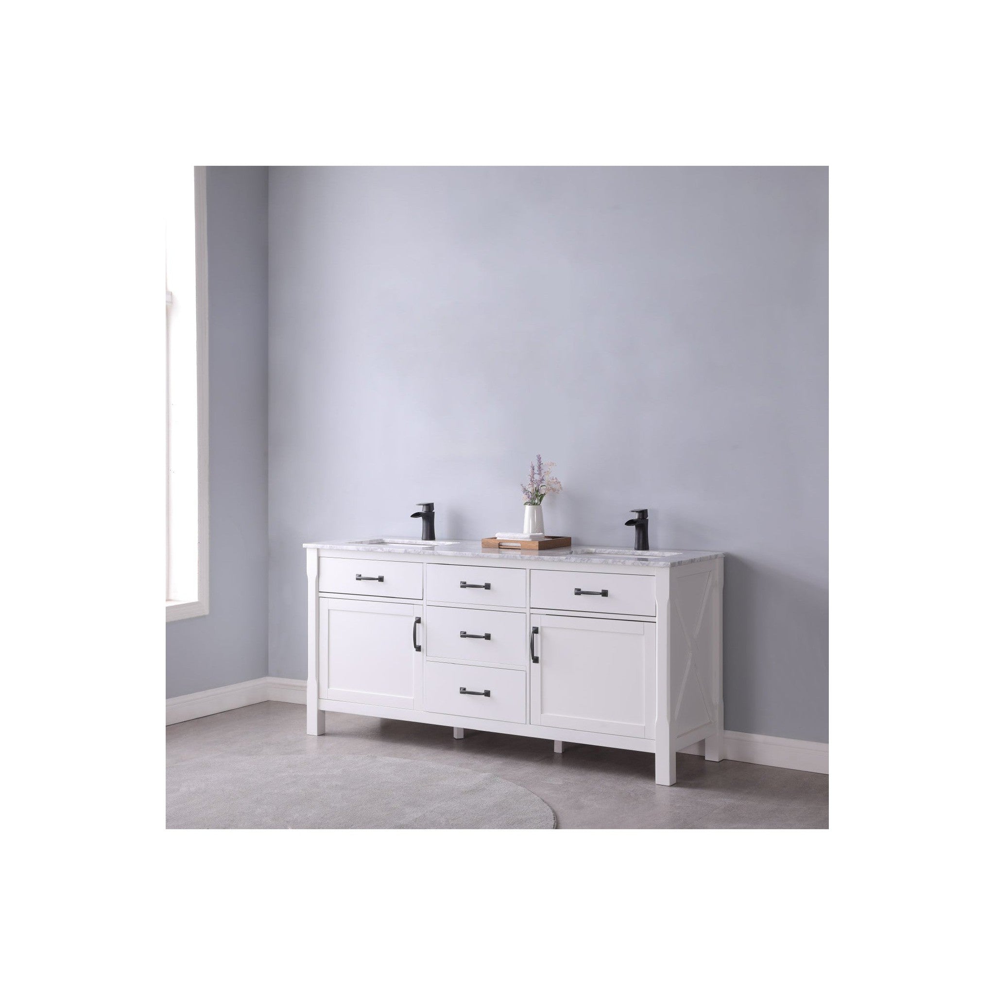 Maribella 72" Double Bathroom Vanity Set in White and Carrara White Marble Countertop without Mirror