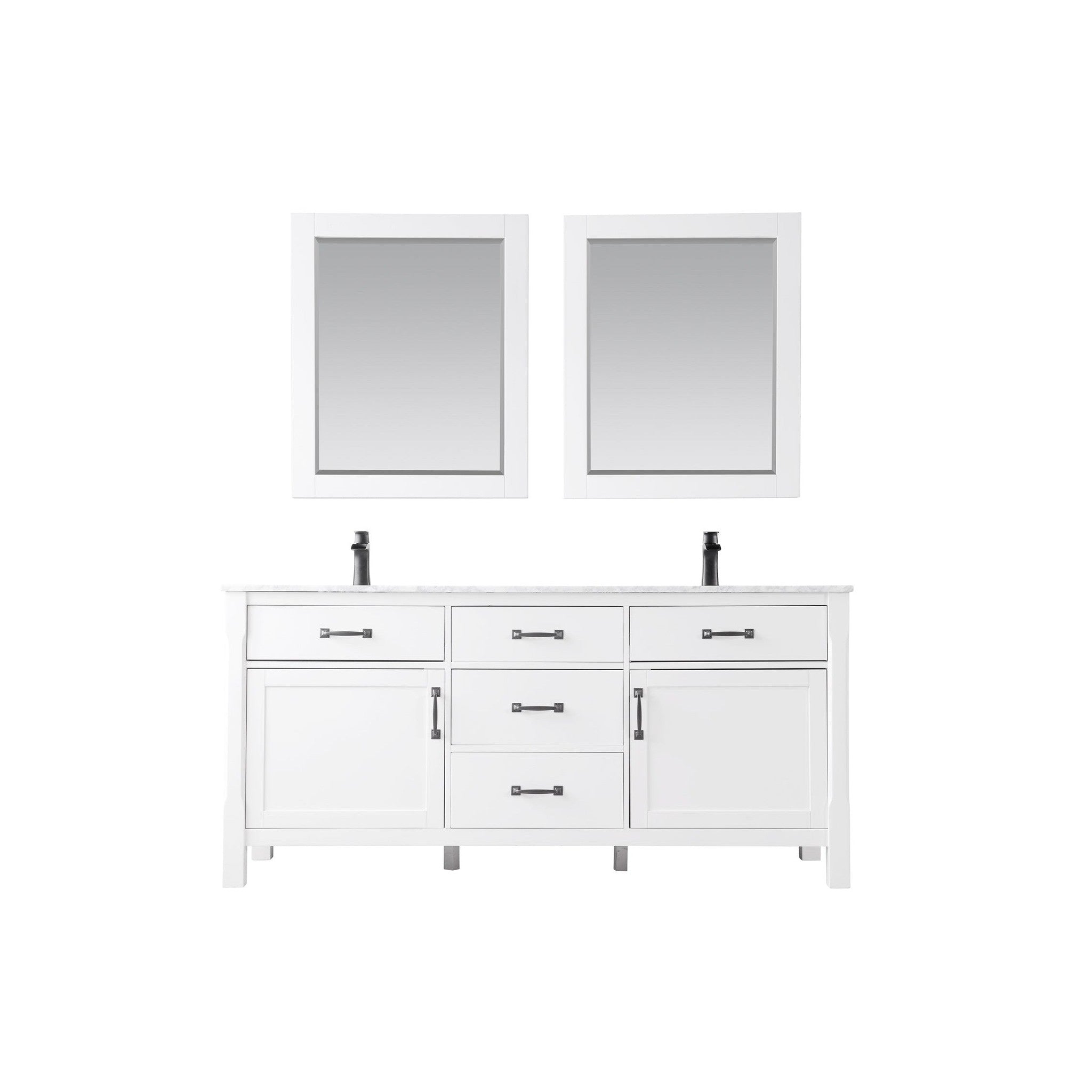 Maribella 72" Double Bathroom Vanity Set in White and Carrara White Marble Countertop with Mirror