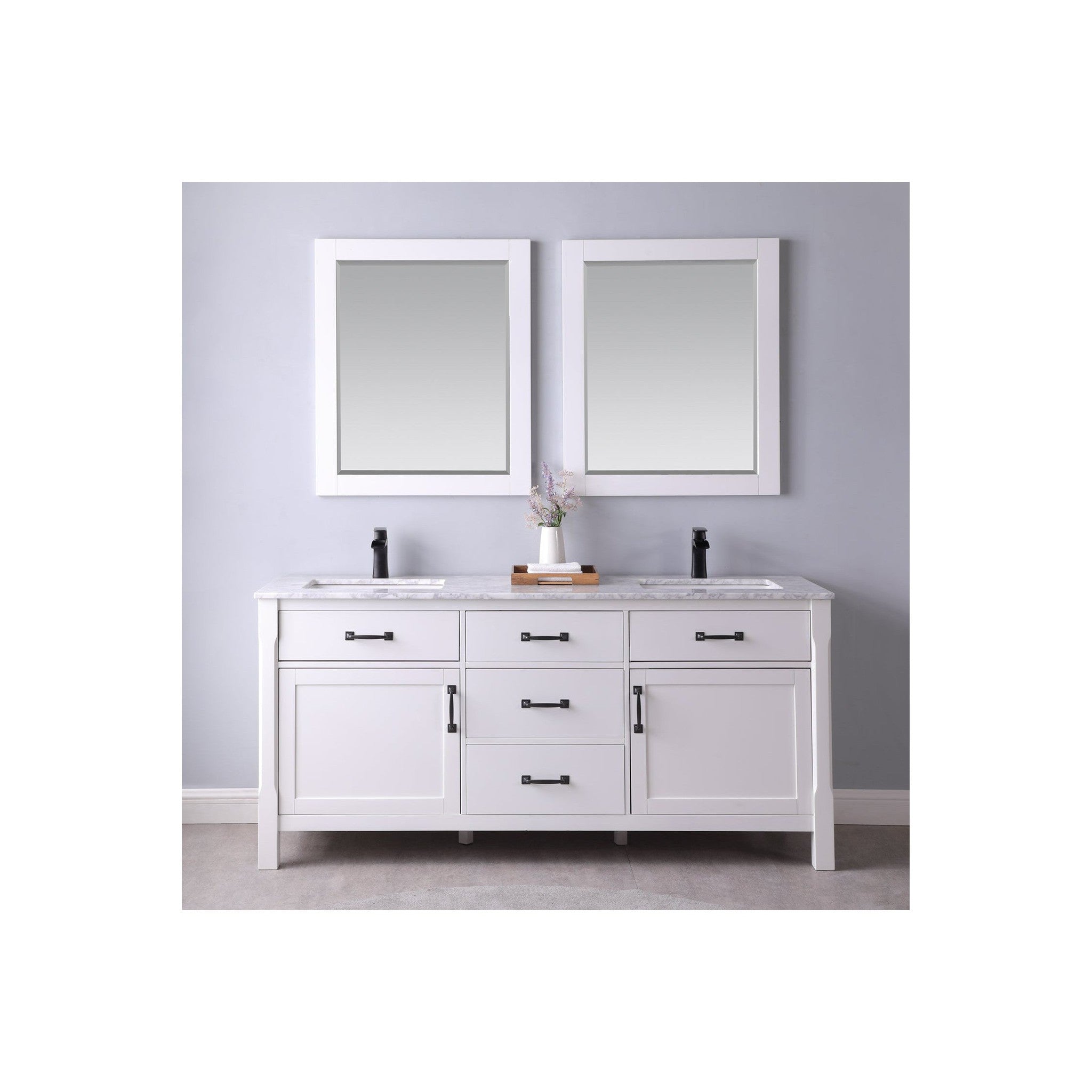 Maribella 72" Double Bathroom Vanity Set in White and Carrara White Marble Countertop with Mirror